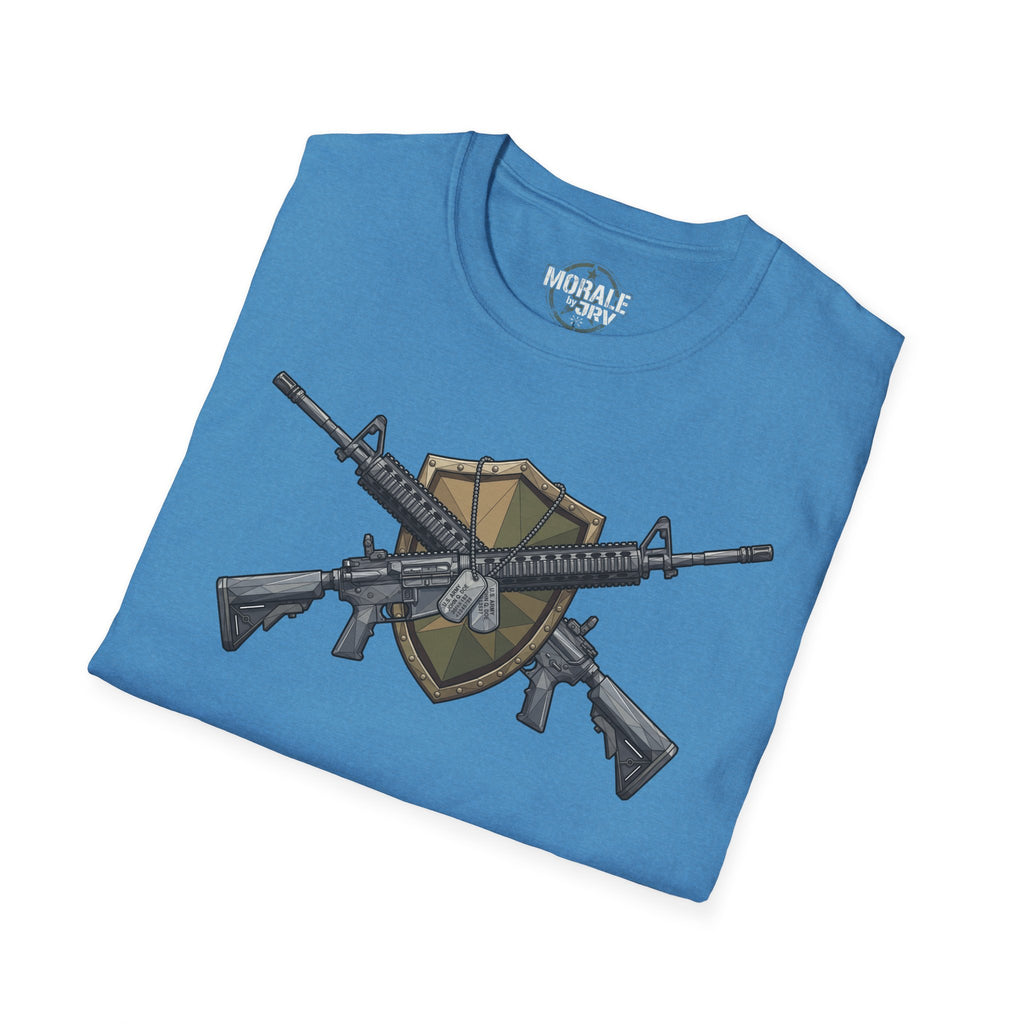 Blue T-shirt with large tactical gun graphic on front