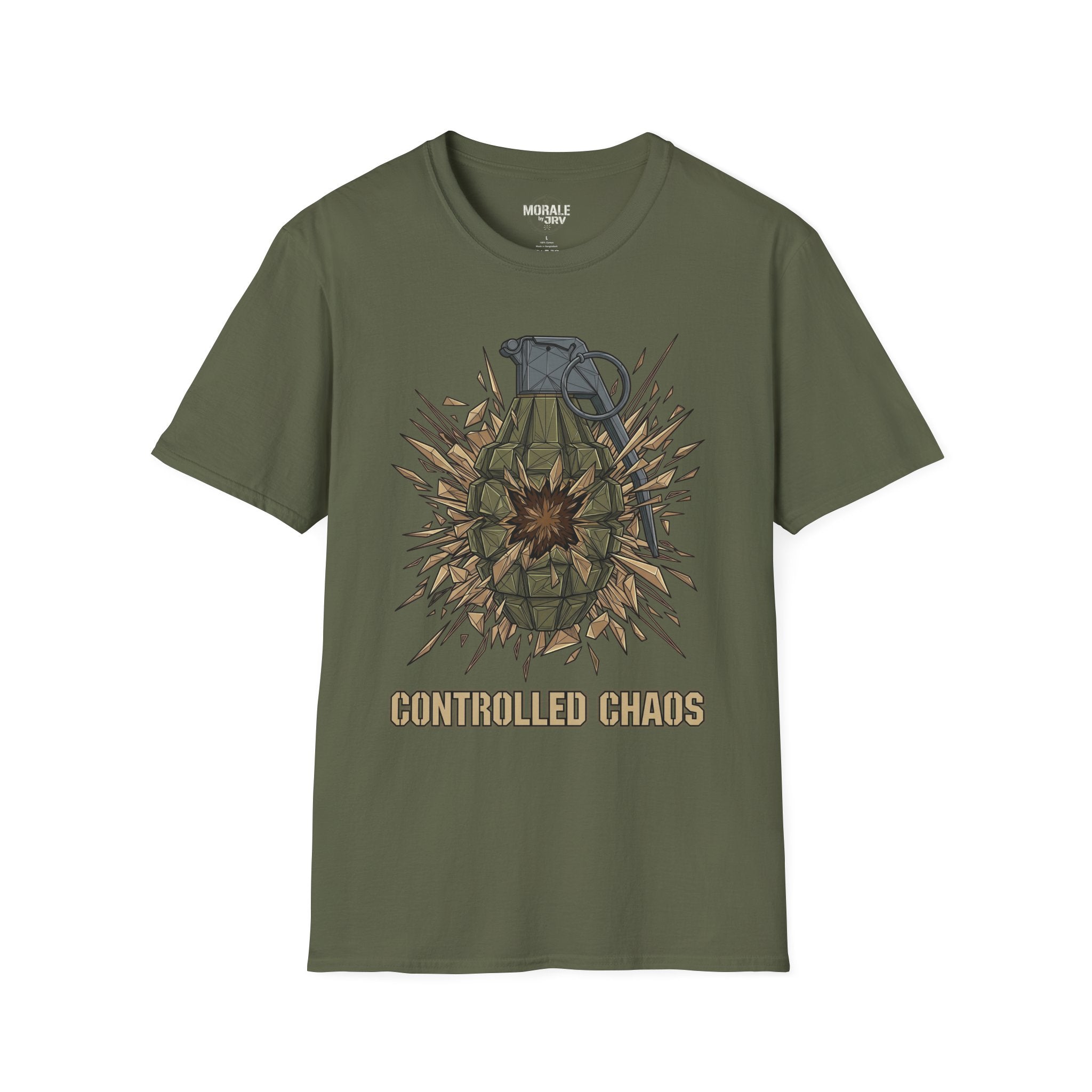 Military green T-shirt with controlled chaos grenade explosion graphic