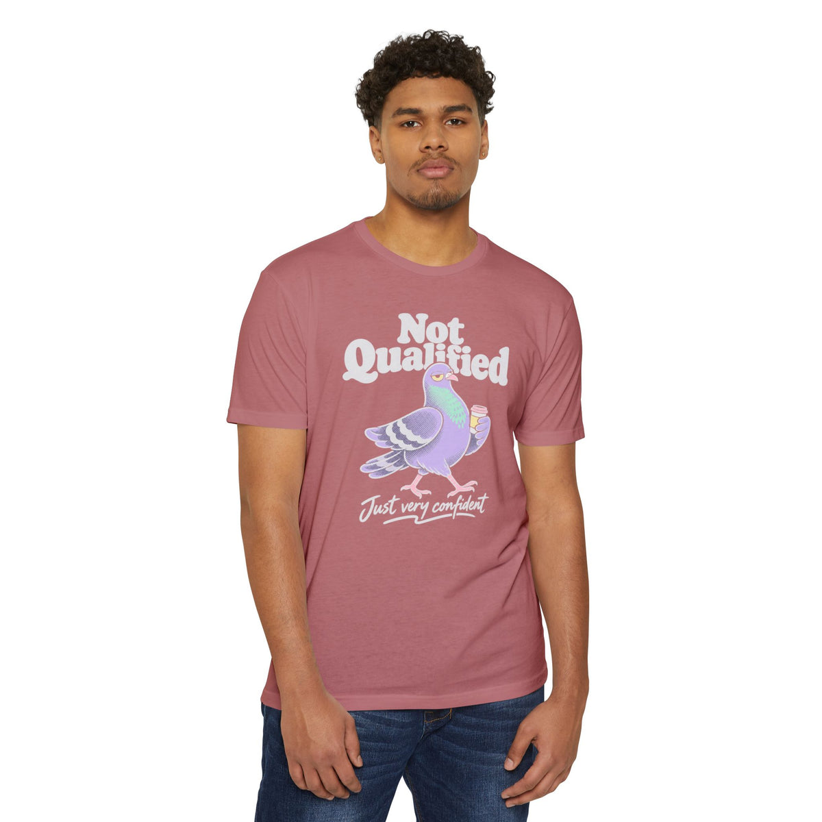 Maroon crew-neck T-shirt with "Not Qualified" pigeon graphic