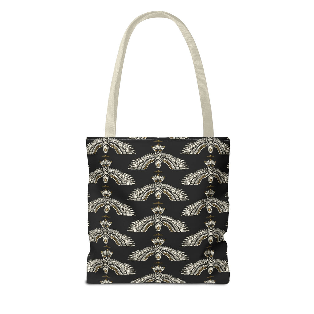 Scarab-pattern tote bag front with light handles, black fabric and gold repeating motifs