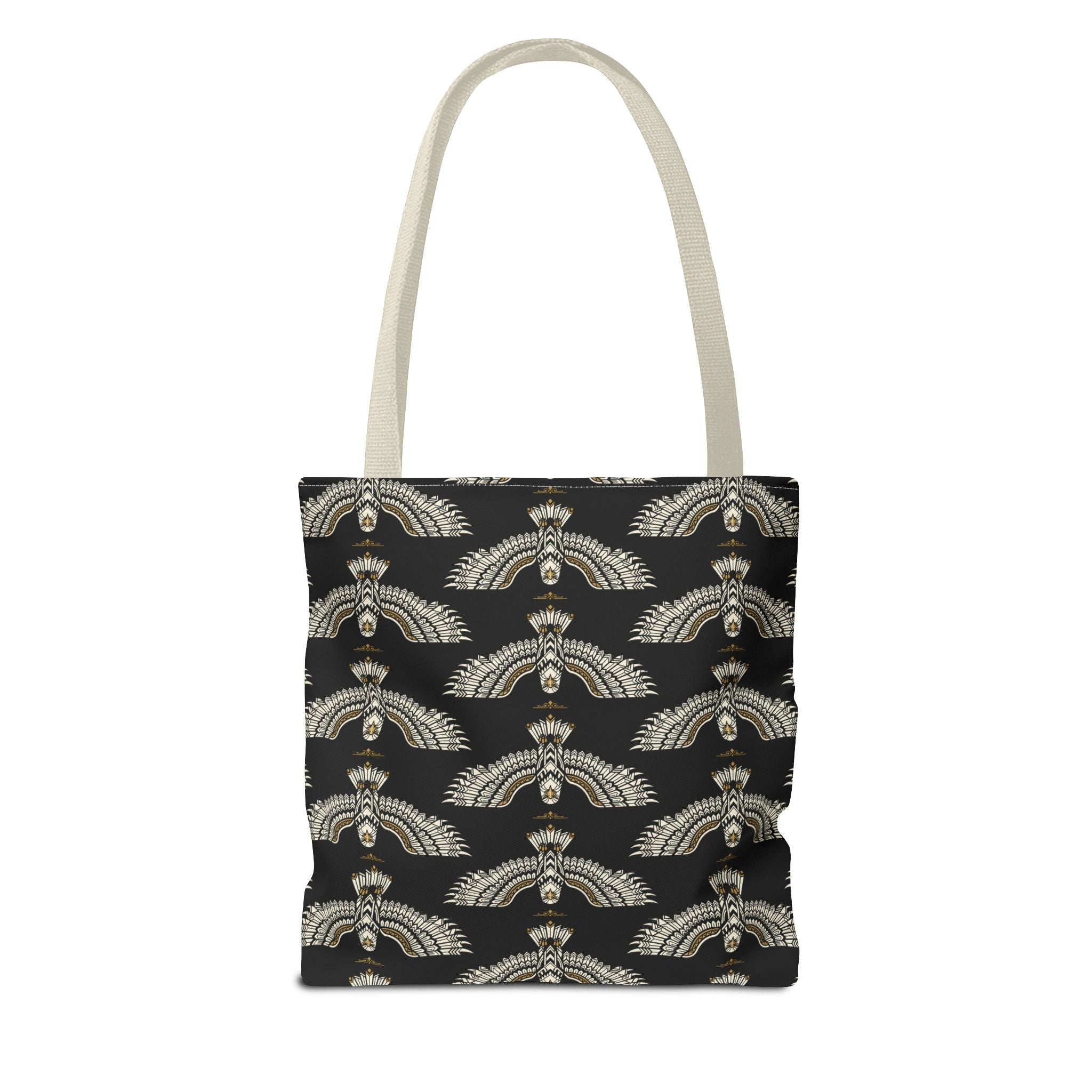 Scarab-pattern tote bag front with light handles, black fabric and gold repeating motifs