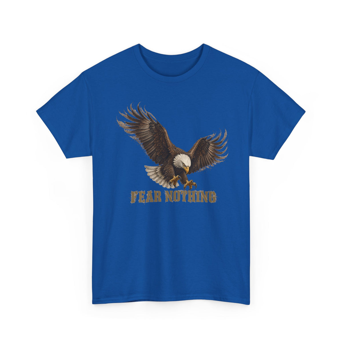 Royal blue crewneck T-shirt with eagle graphic and “FEAR NOTHING”