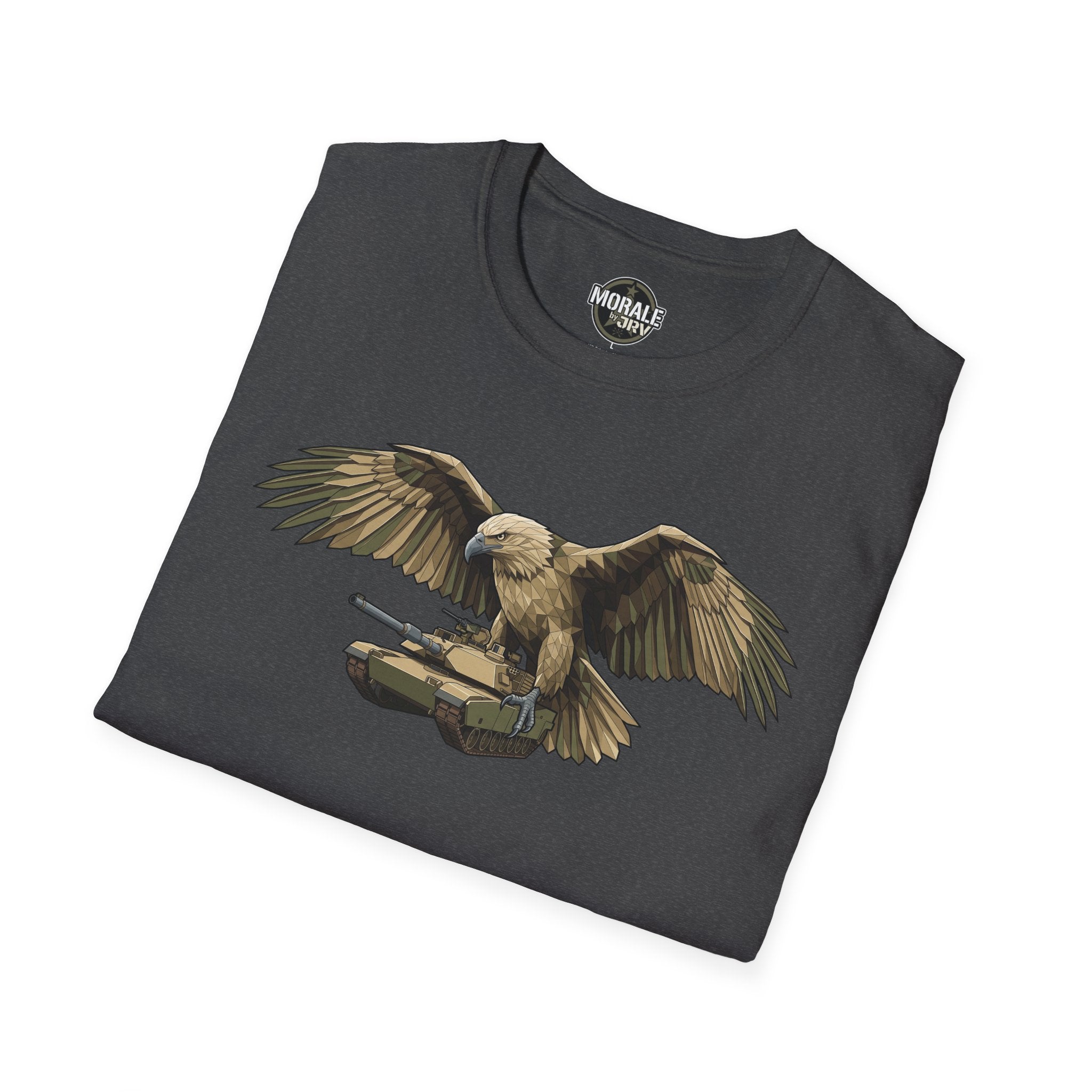 Bald Eagle wildlife T-shirt on dark heather fabric, wings spread in angled print