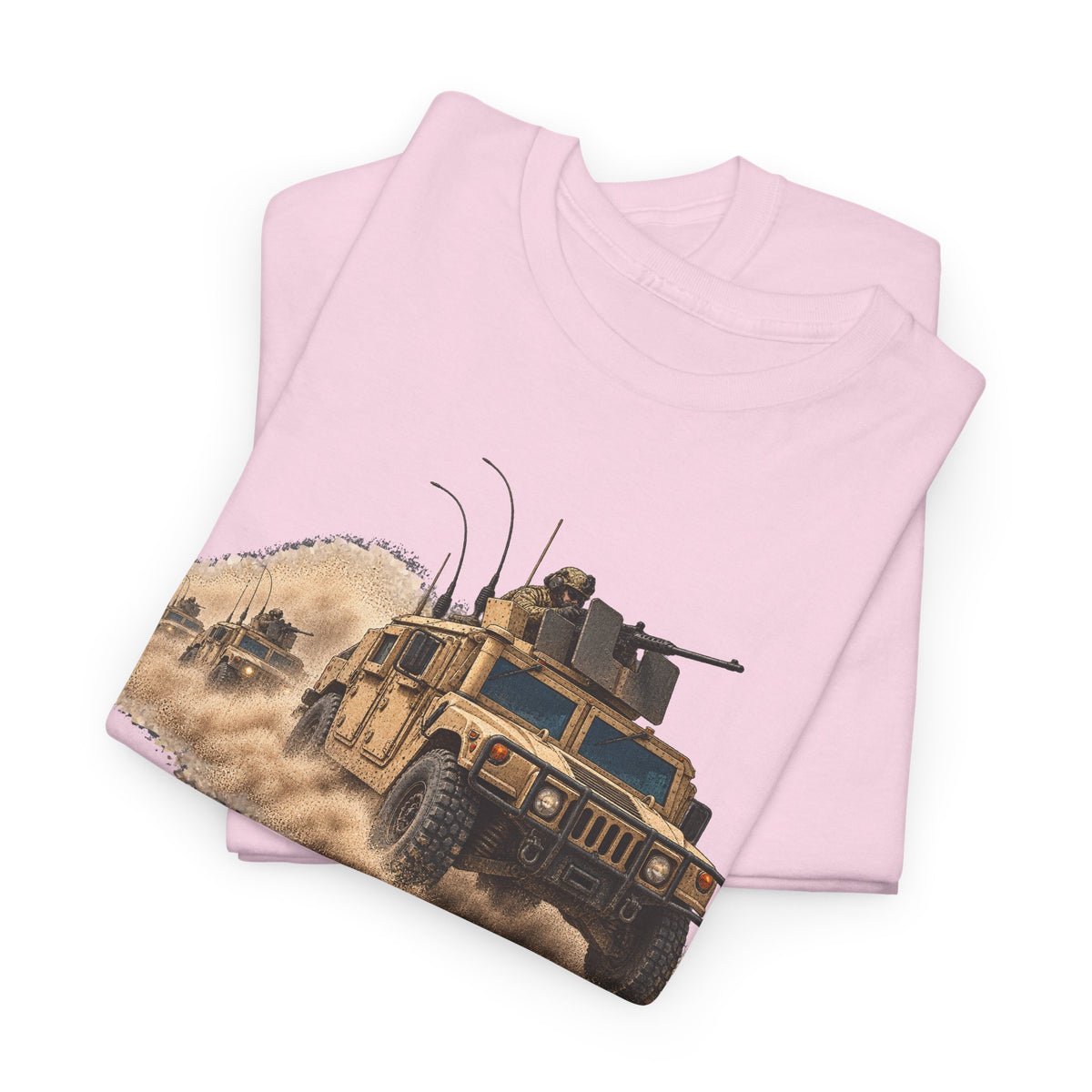 Light pink crew-neck T-shirt with armored vehicle desert graphic on front.