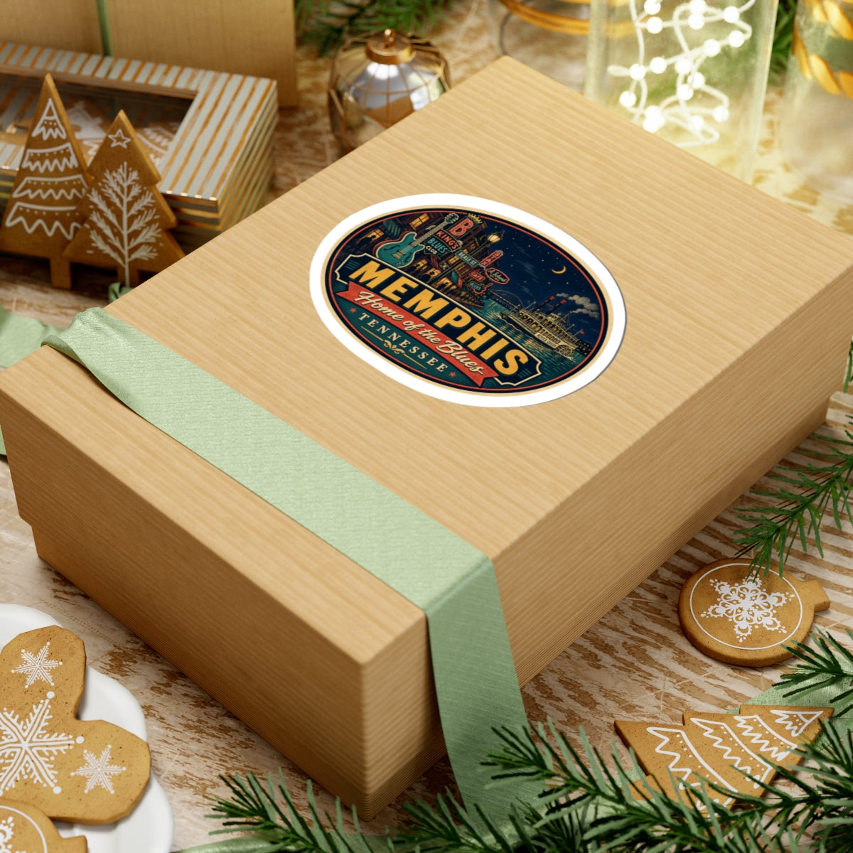 Round Memphis “Home of the Blues” Tennessee sticker on a gift with green ribbon