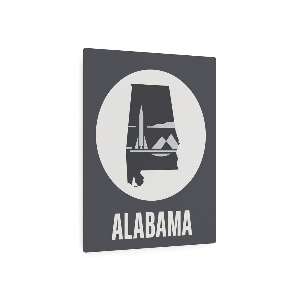 Alabama rocket skyline metal wall art, circular emblem with ALABAMA lettering