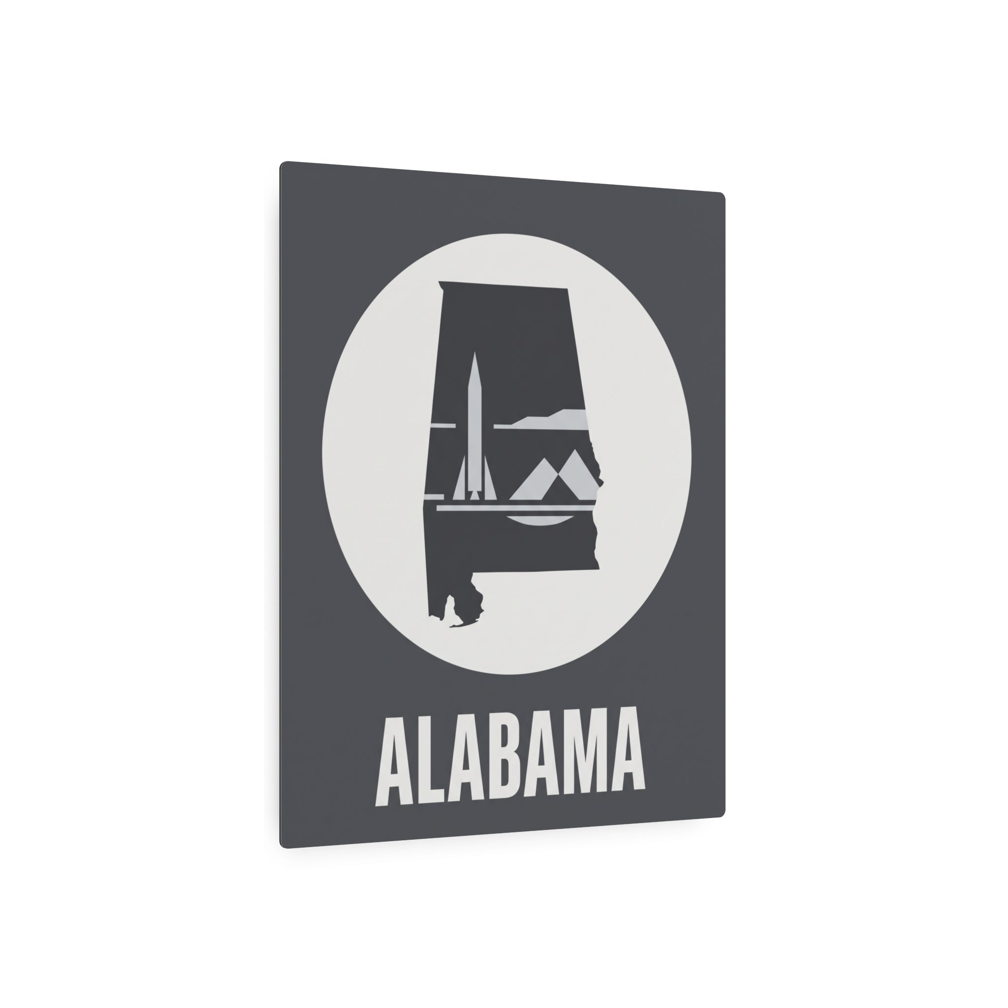Alabama rocket skyline metal wall art, circular emblem with ALABAMA lettering
