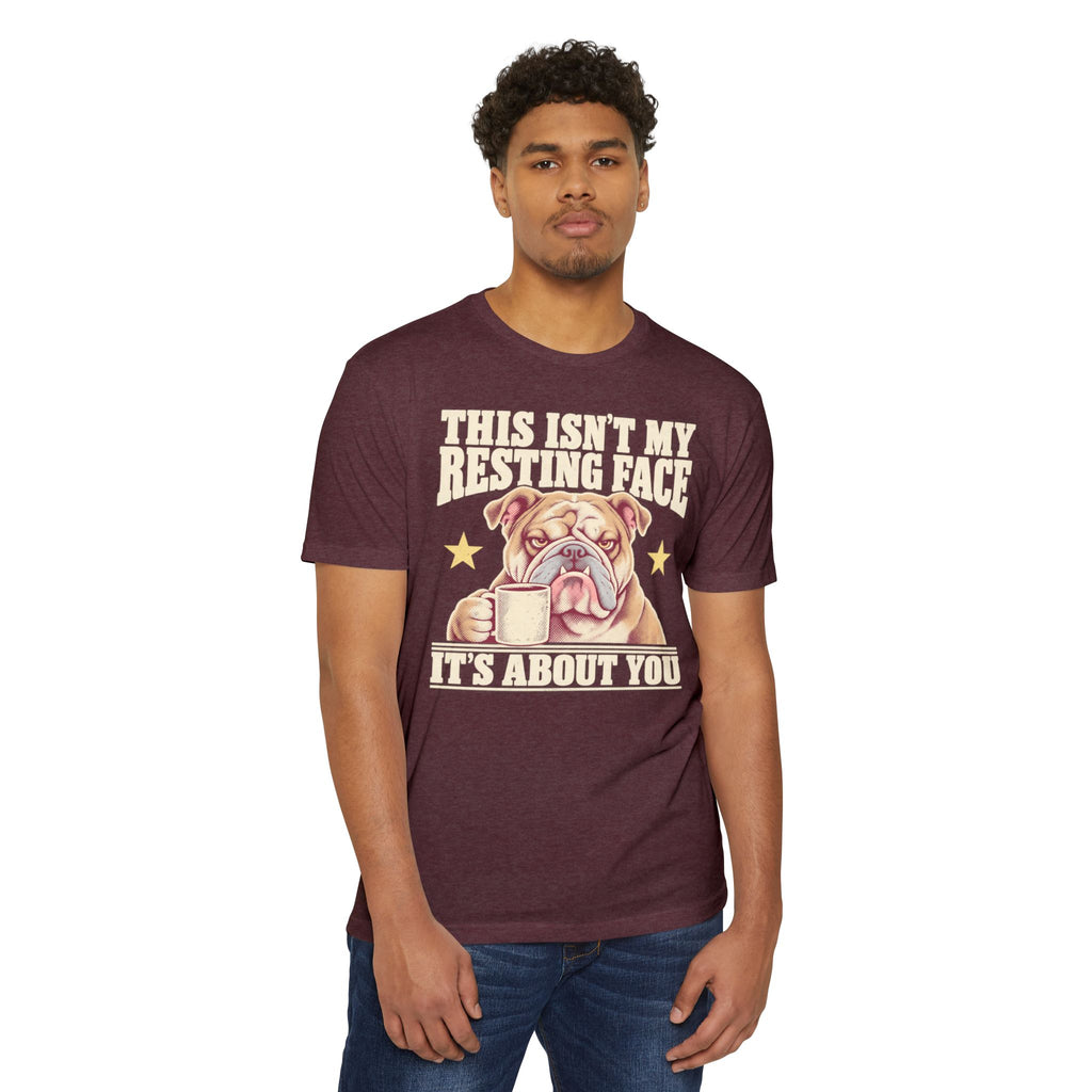 Maroon crew-neck T-shirt with bulldog holding a coffee mug graphic on front.