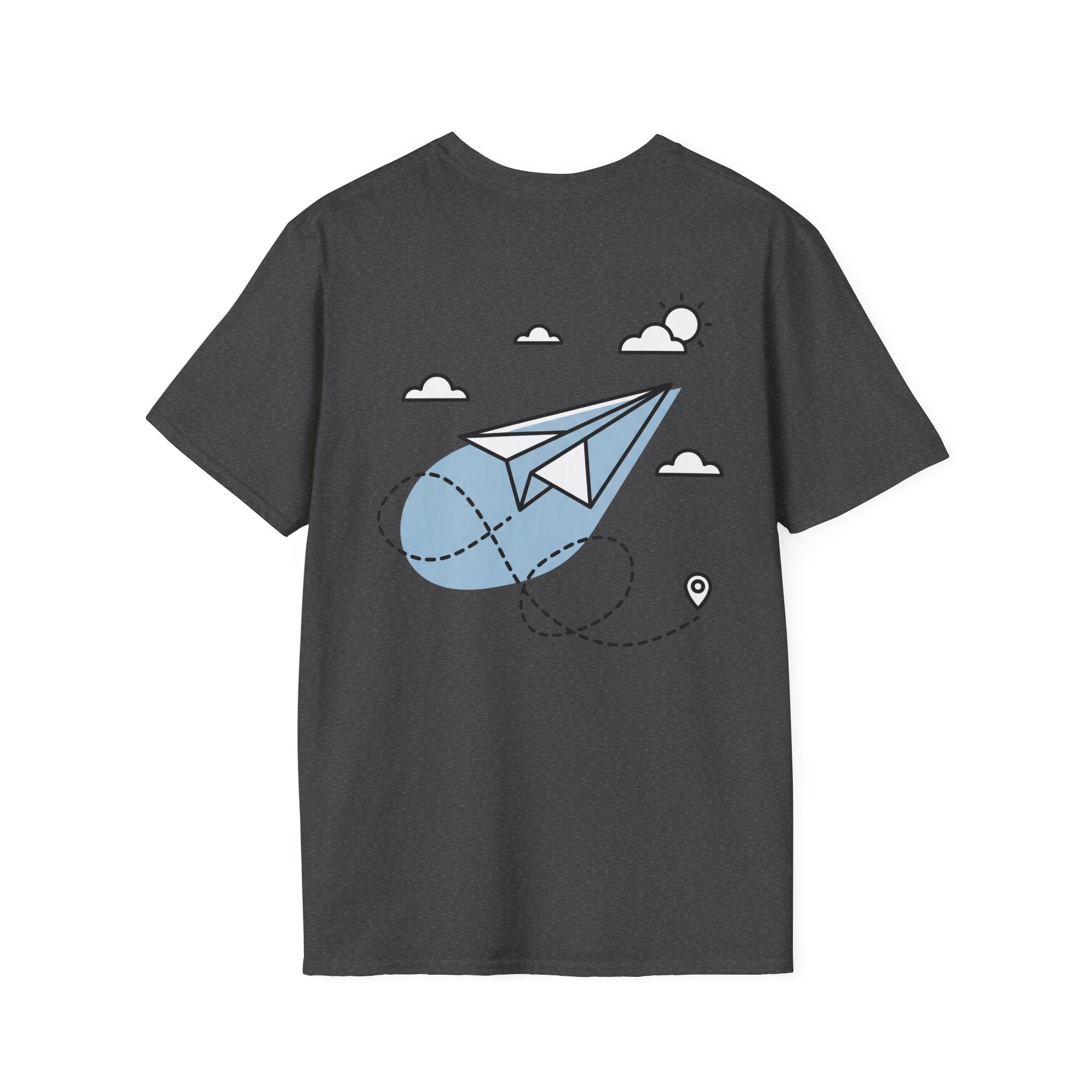 Dark gray T-shirt with paper airplane line art graphic, clouds, and travel pin