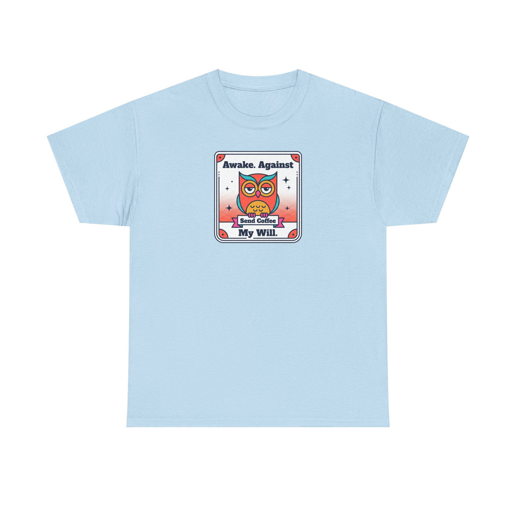 Light blue T-shirt with square graphic print at chest.