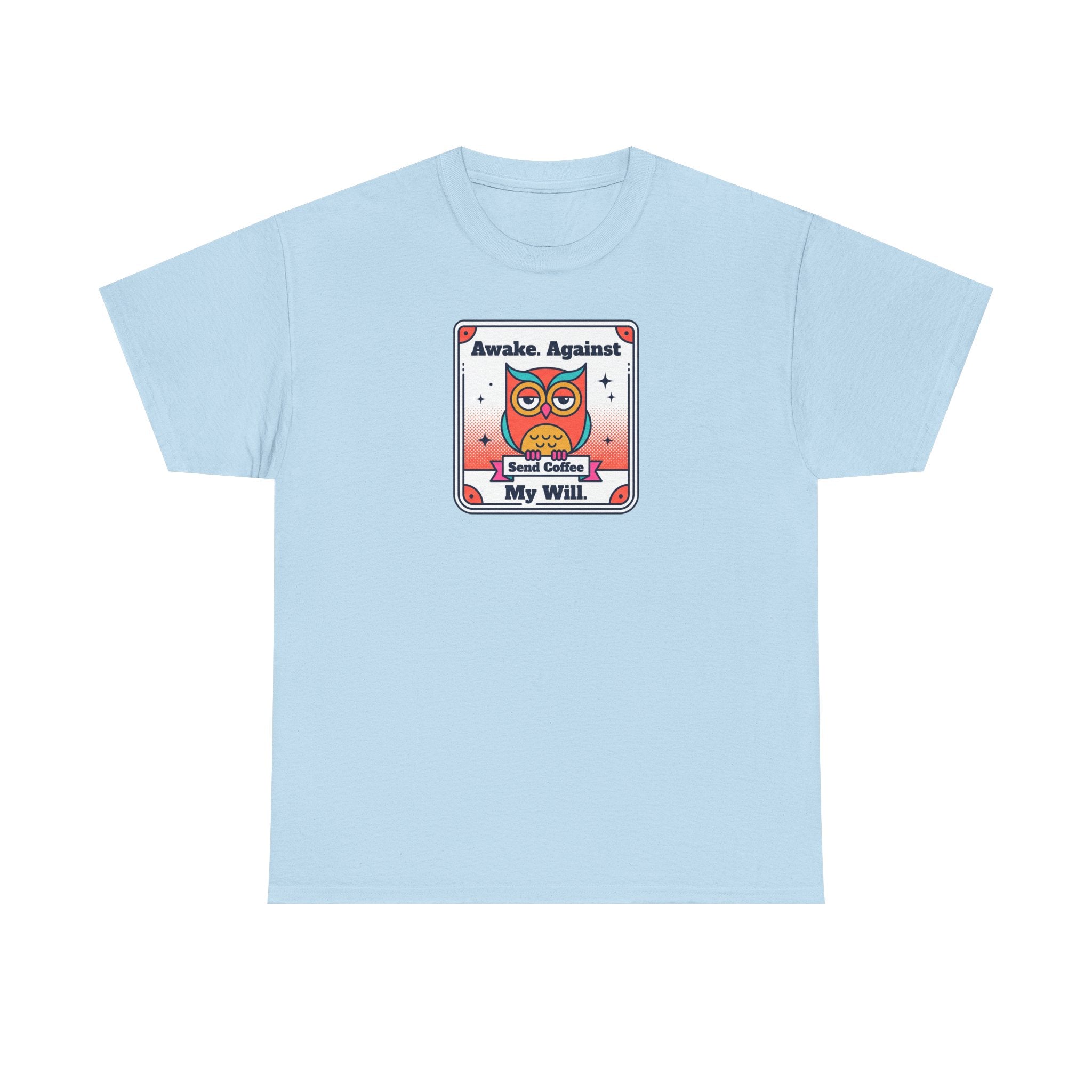 Light blue T-shirt with square graphic print at chest.