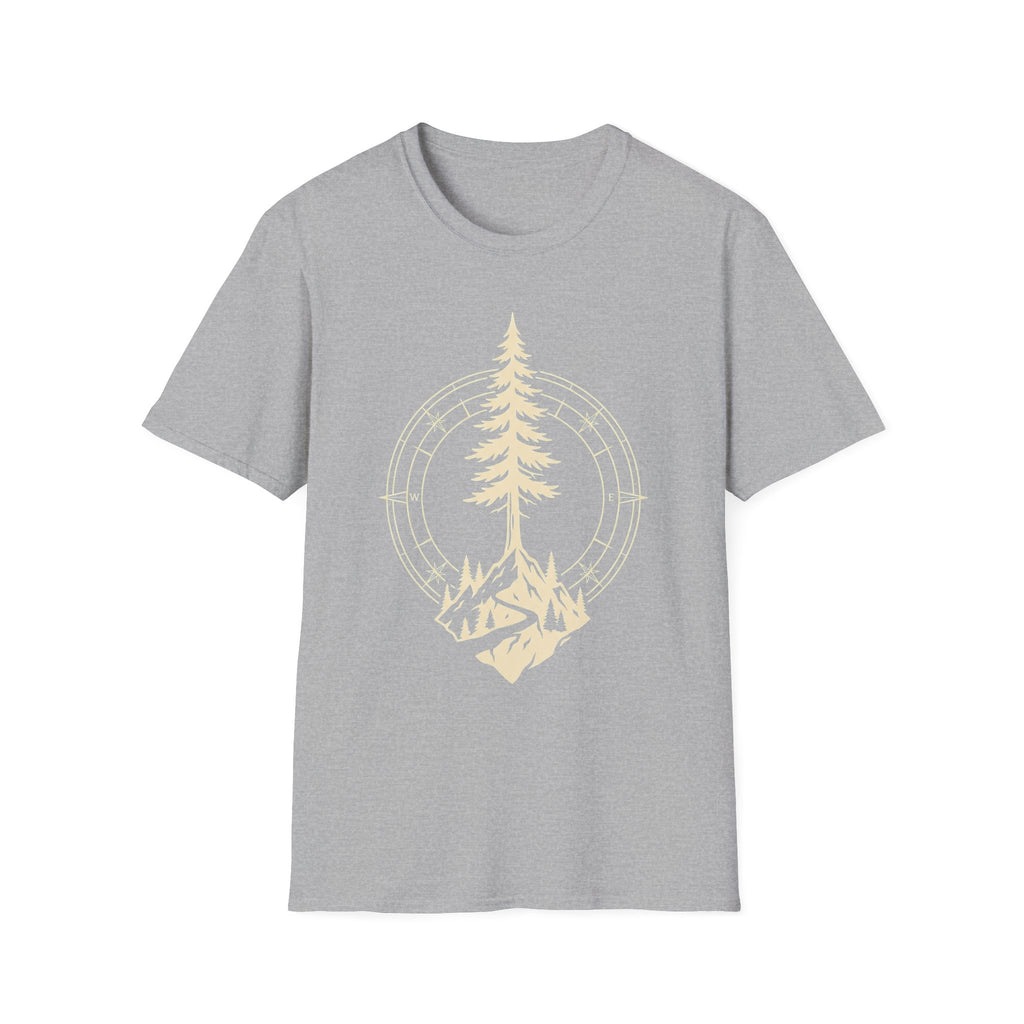 Sport grey T-shirt with pine tree compass graphic in light yellow-gold