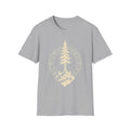 Sport grey T-shirt with pine tree compass graphic in light yellow-gold