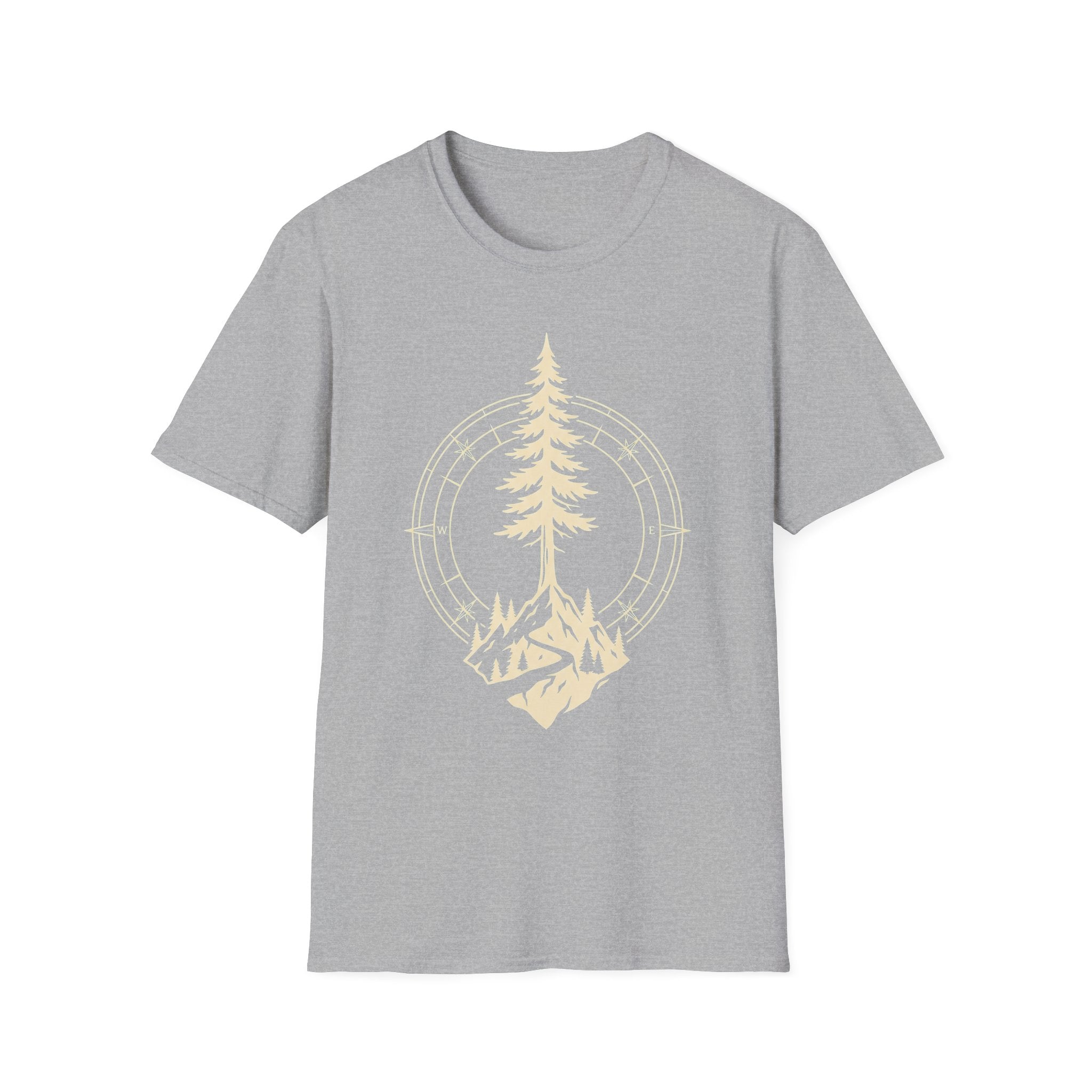 Sport grey T-shirt with pine tree compass graphic in light yellow-gold