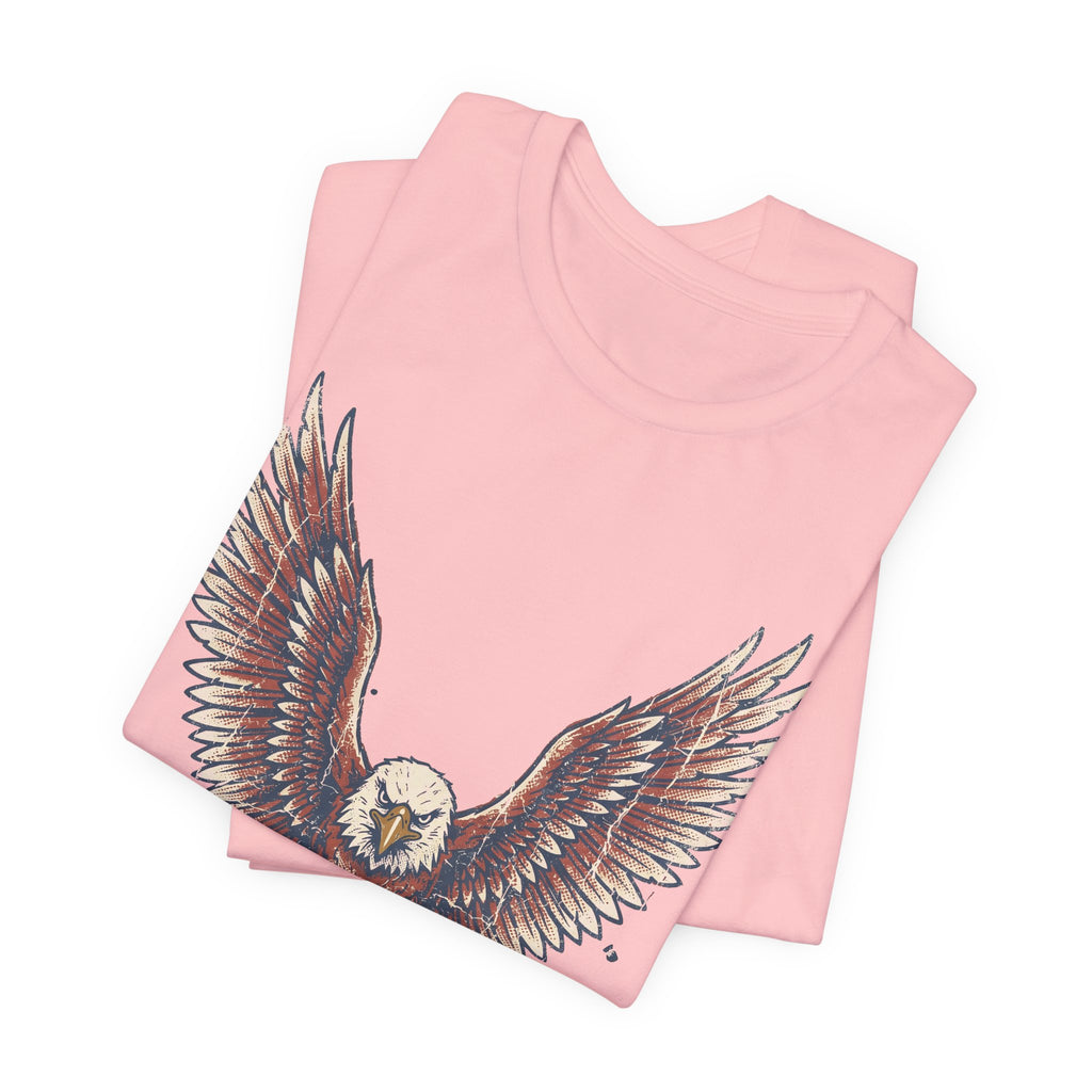 Pink short-sleeve crewneck T-shirt with partial soaring bald eagle wing illustration.