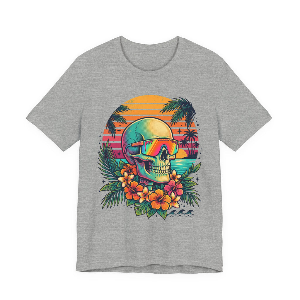 Heather gray T-shirt with tropical skull wearing sunglasses and colorful floral front print