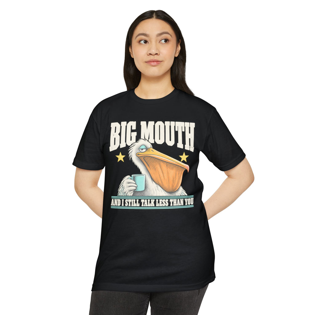 Black crew-neck t-shirt with front pelican coffee graphic and text print.