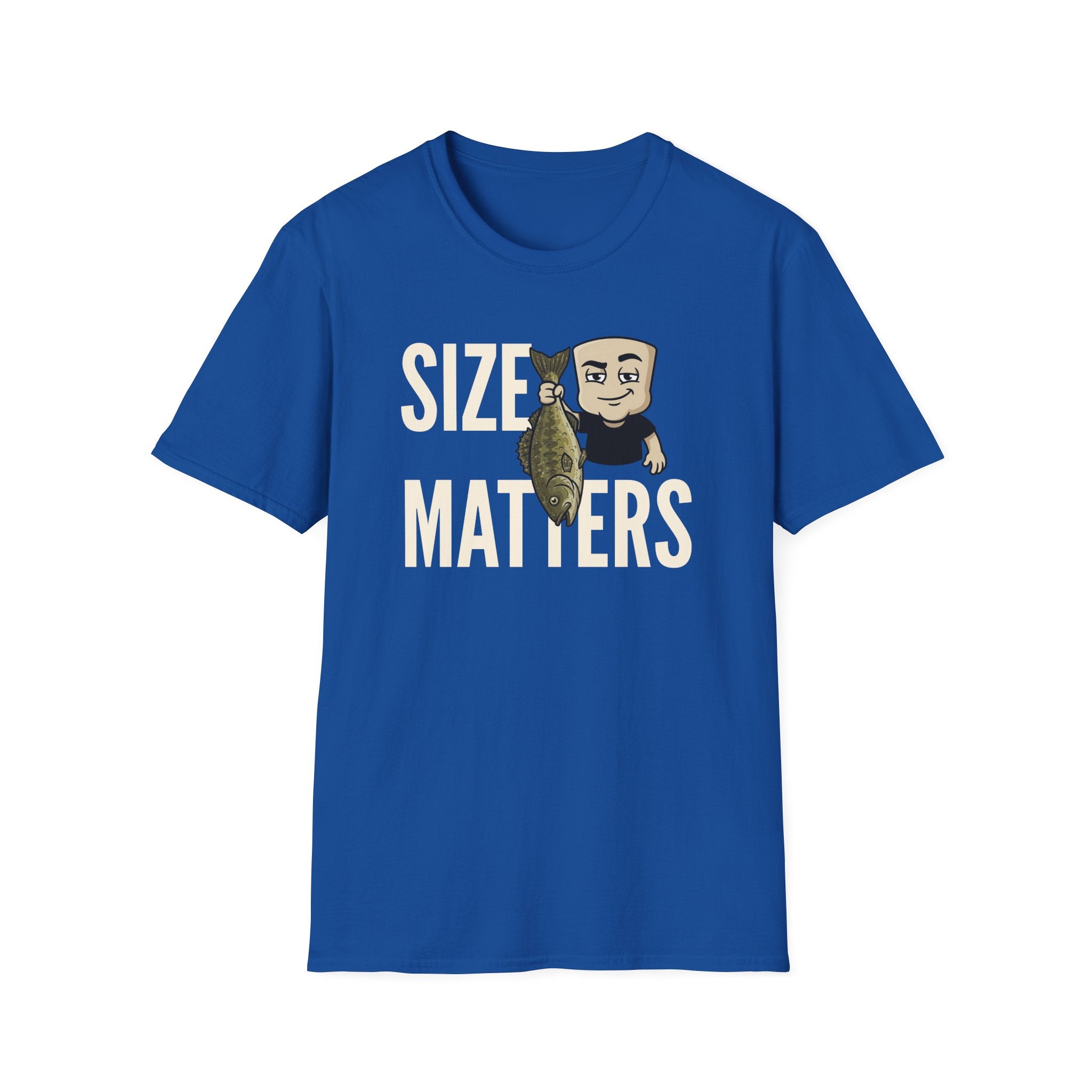 Royal blue T-shirt with “SIZE MATTERS” graphic of a man holding a fish
