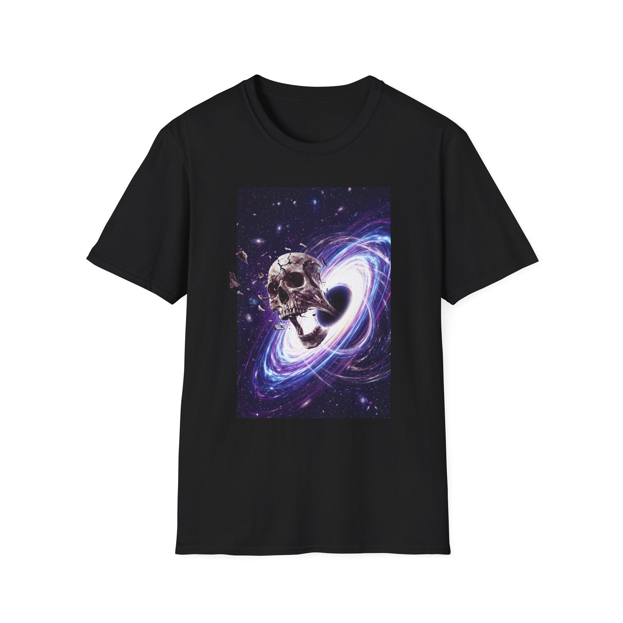 Black T-shirt with cosmic skull and galaxy swirl graphic, front view