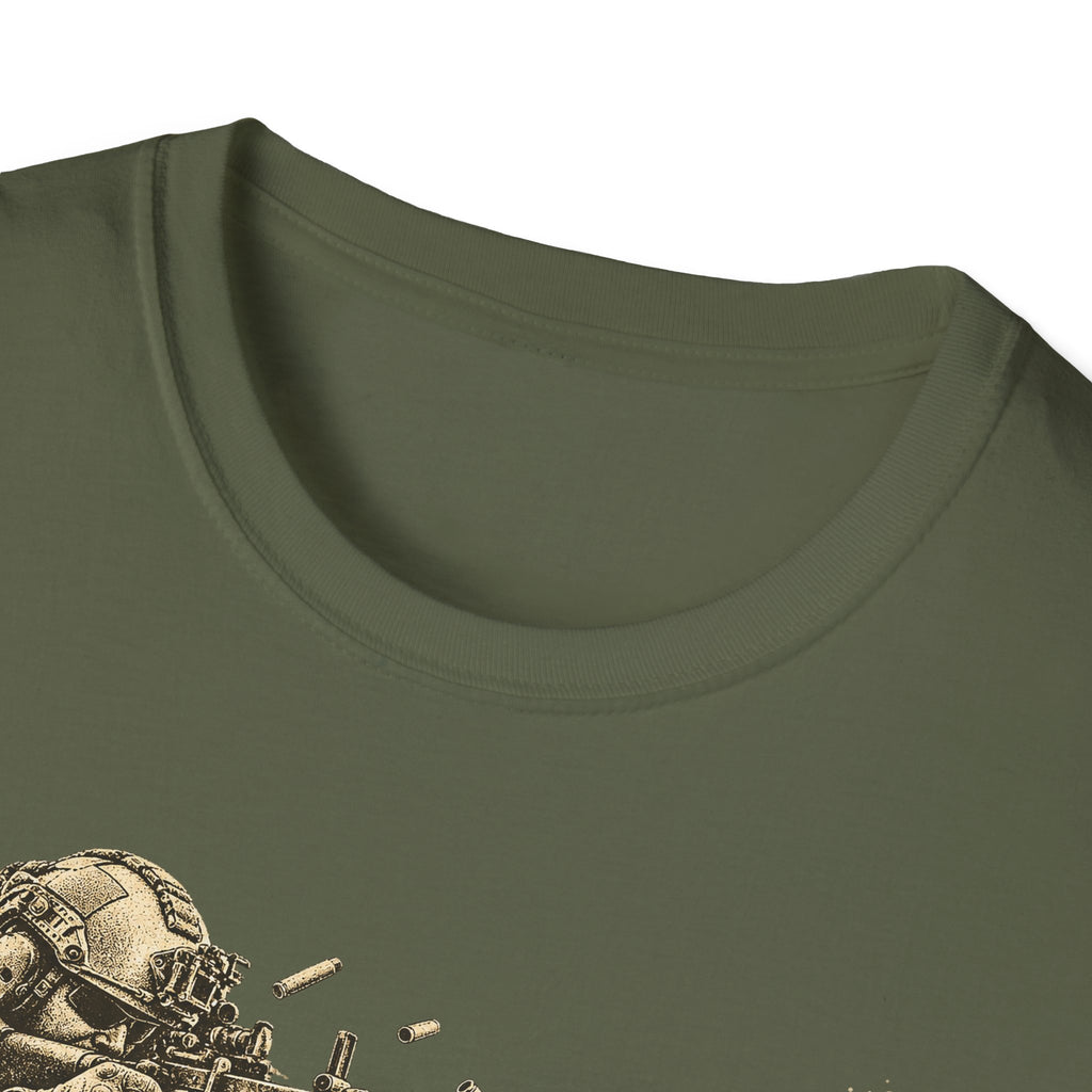Olive green crewneck T-shirt close-up of collar and neckline seam