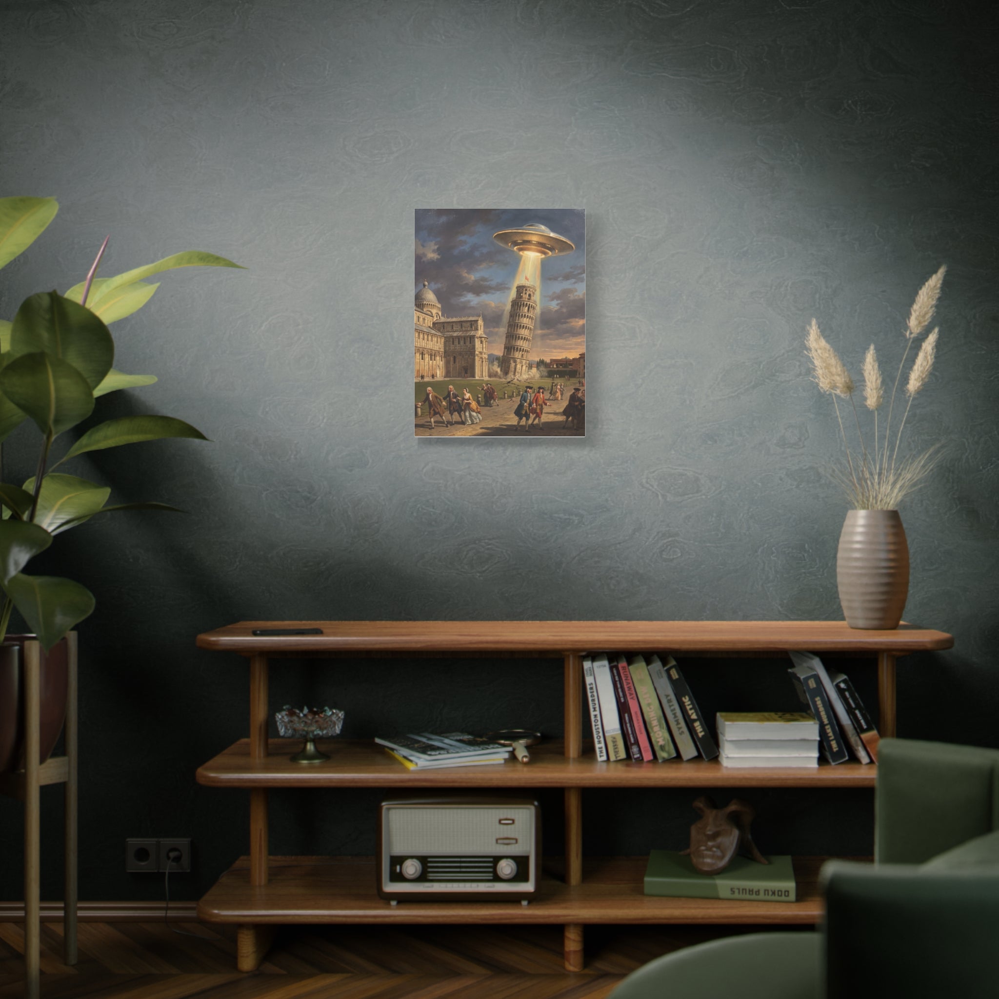 Square canvas wall art featuring a UFO hovering above the Leaning Tower with people below
