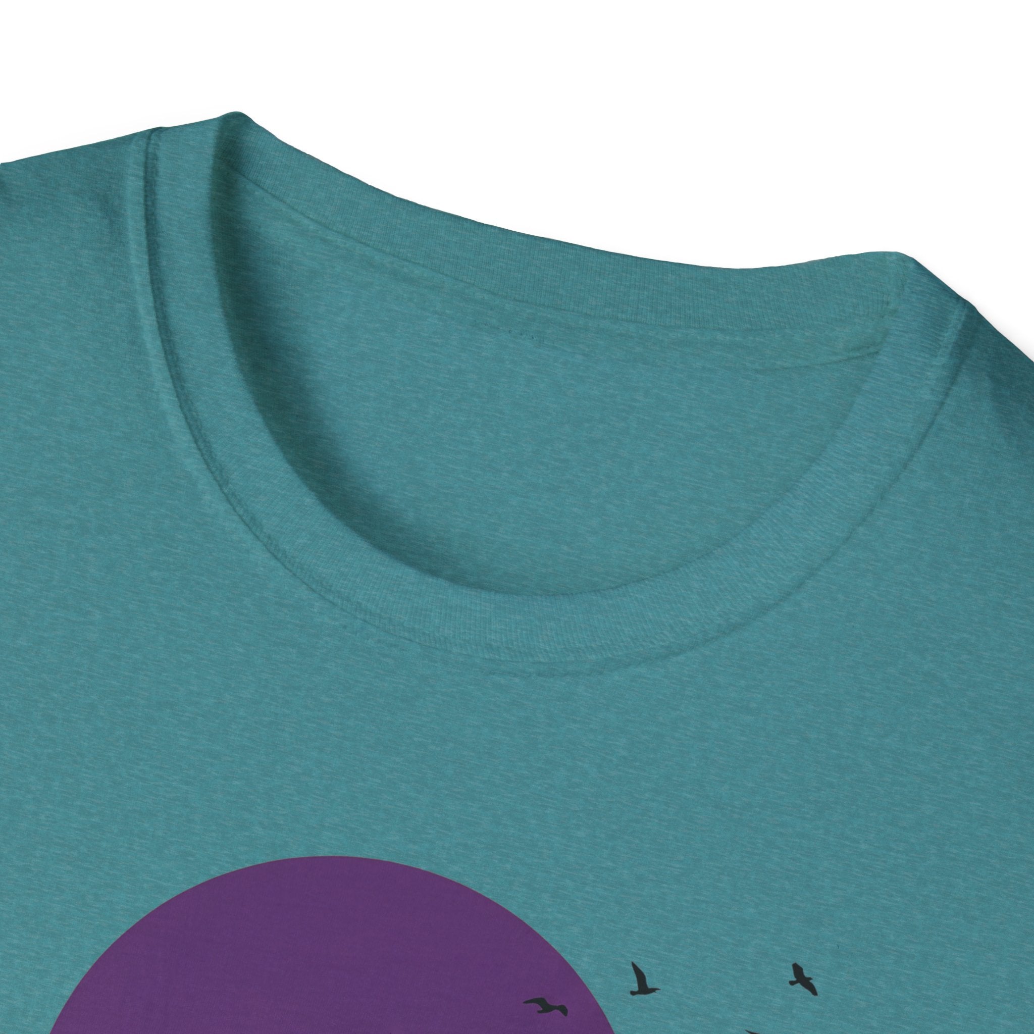 Teal T-shirt neckline with purple moon and bird silhouettes
