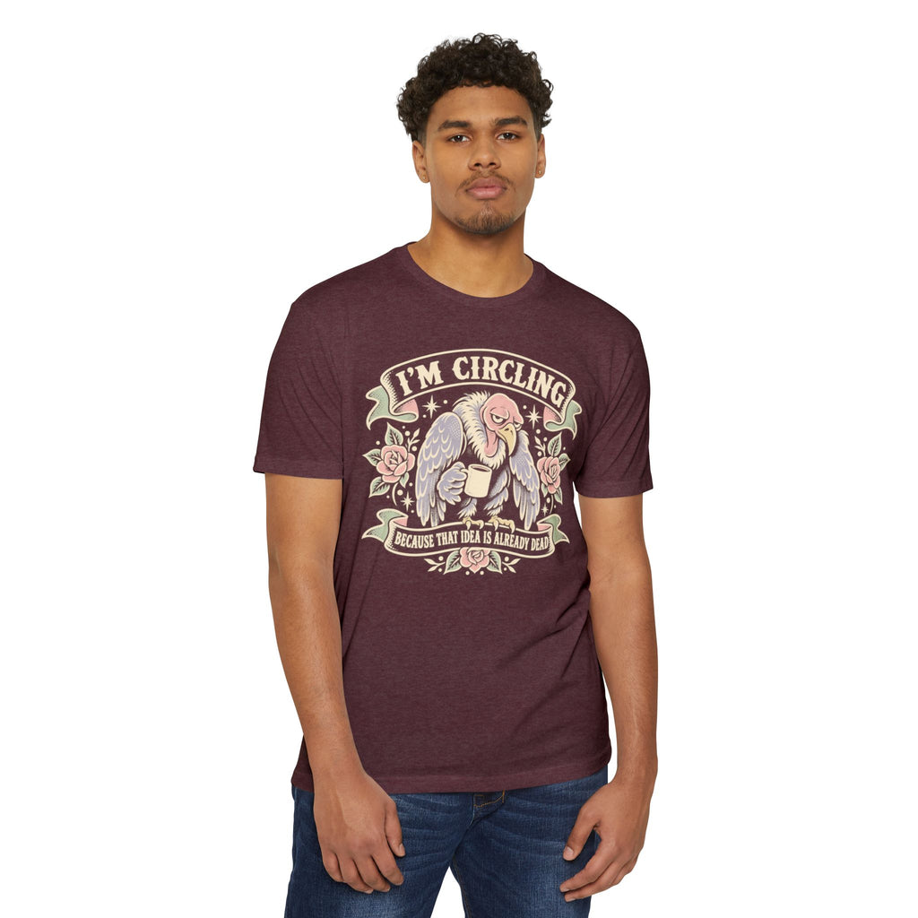 Dark maroon graphic t-shirt with vulture illustration and 'I'm Circling' text