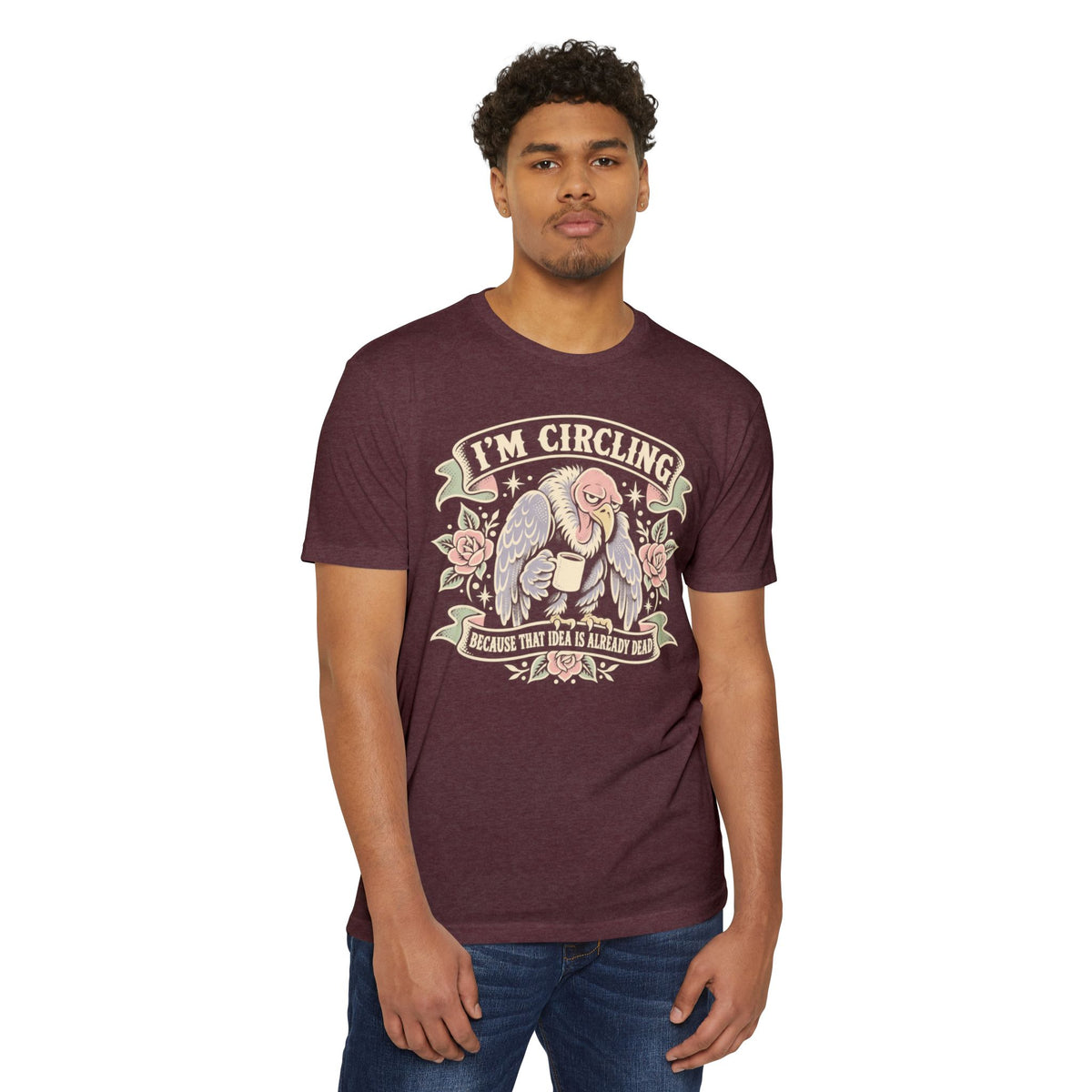 Dark maroon graphic t-shirt with vulture illustration and 'I'm Circling' text