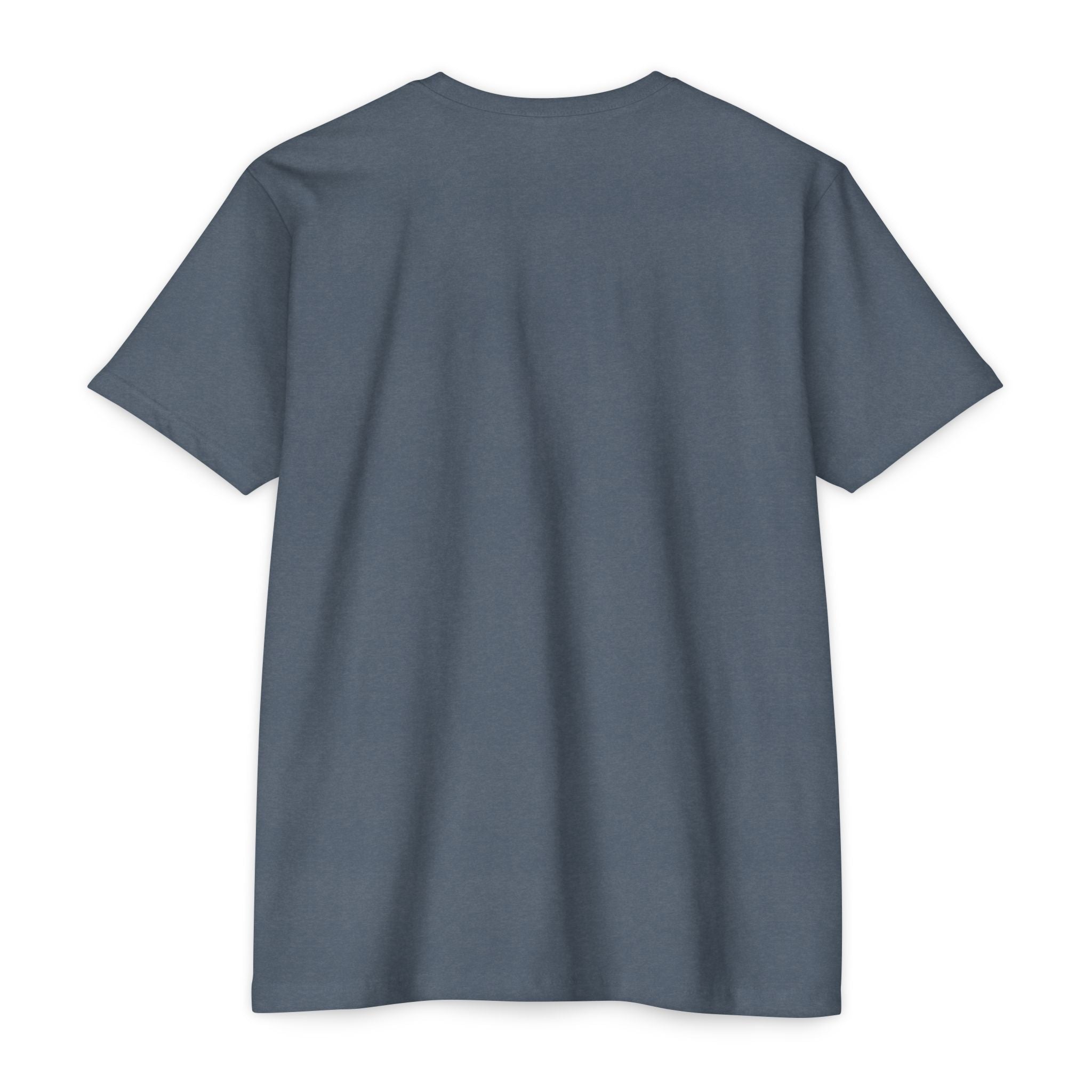 Slate blue crewneck T-shirt with short sleeves, no visible graphic on front