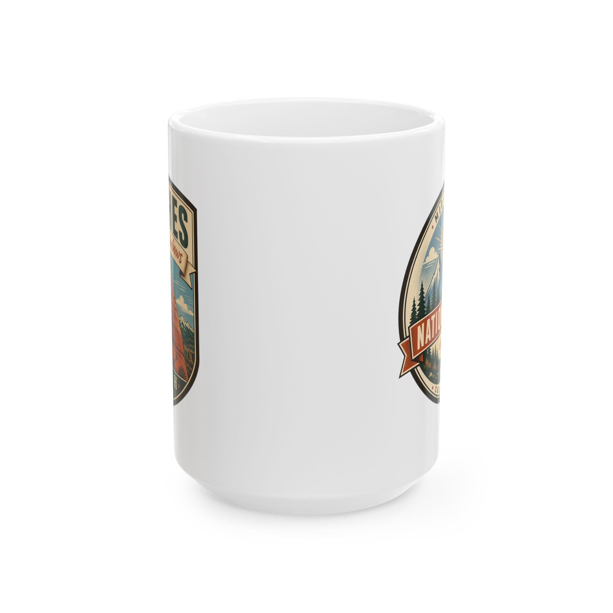 White ceramic mug with partial side print and decorative emblem graphic