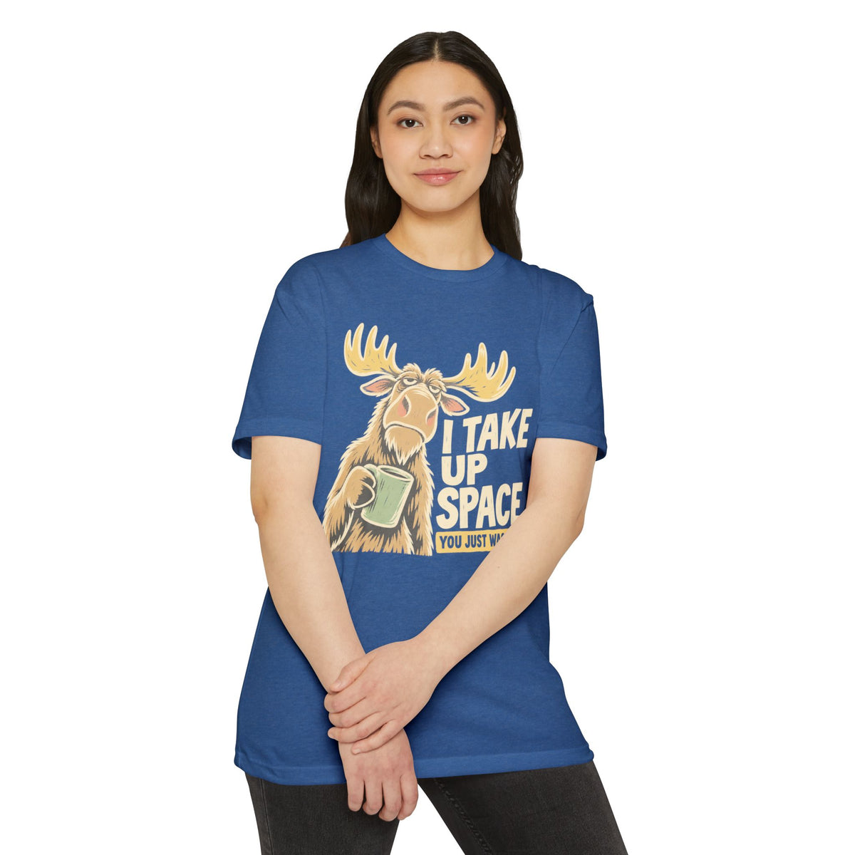 Light blue crewneck t-shirt with moose space graphic and colorful stacked lettering