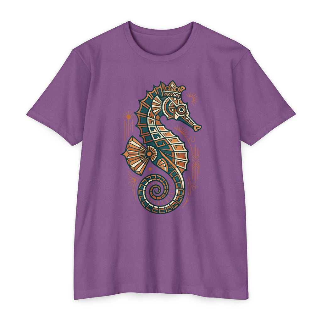 Purple unisex T-shirt with colorful seahorse mosaic graphic on the chest