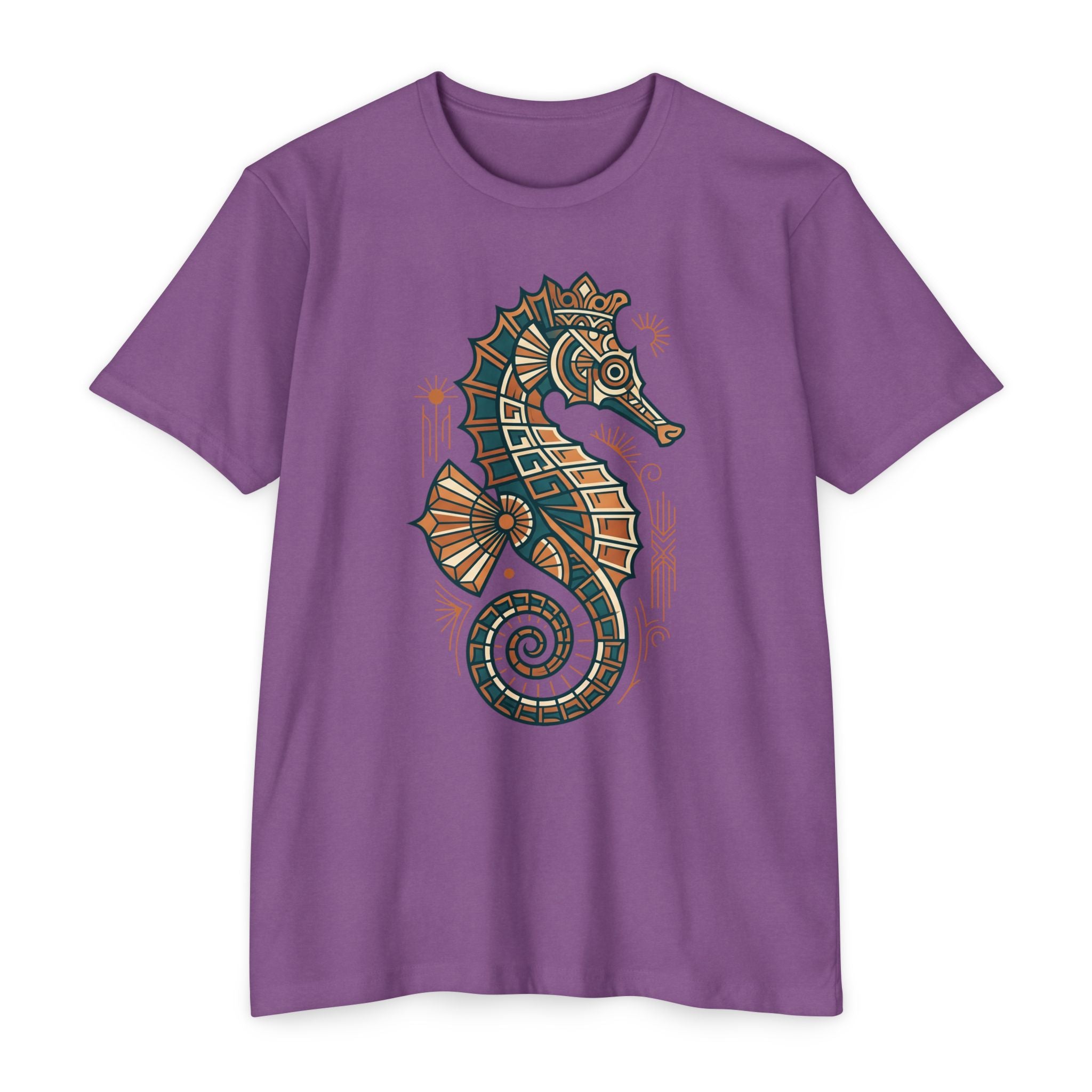 Purple unisex T-shirt with colorful seahorse mosaic graphic on the chest