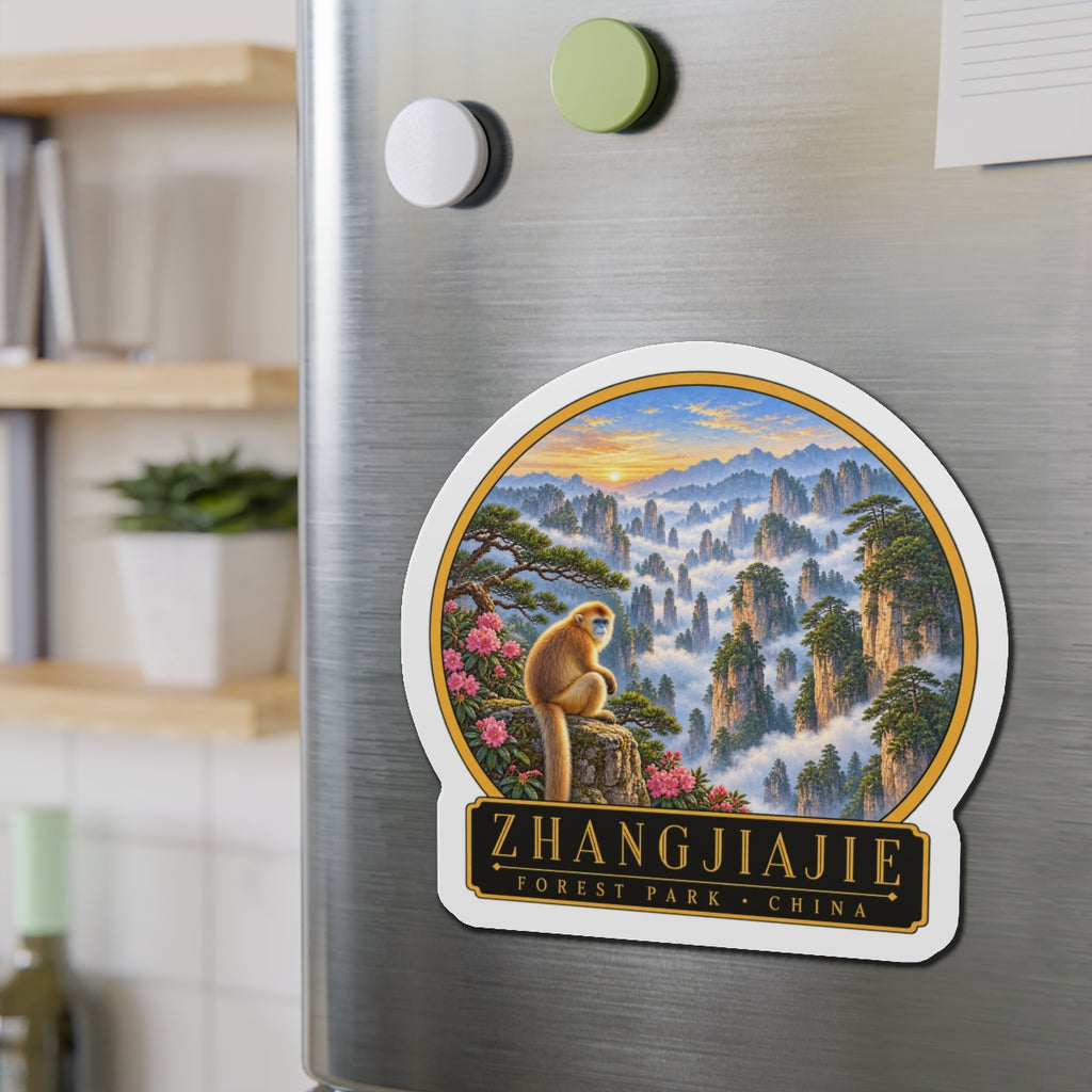 Die-cut vinyl fridge magnet with Zhangjiajie scenery, monkey figure, and “Zhangjiajie” label