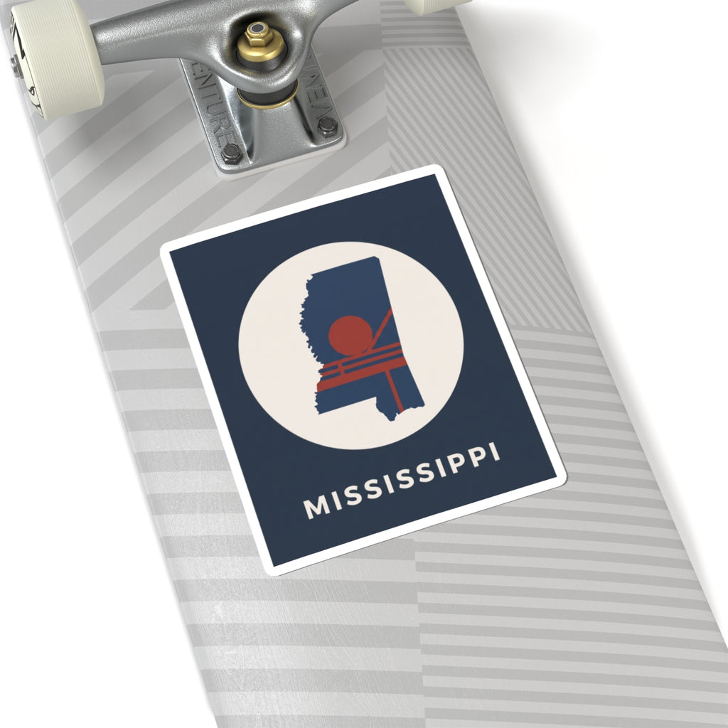 Square navy sticker with Mississippi silhouette in white circle and retro red sun graphic