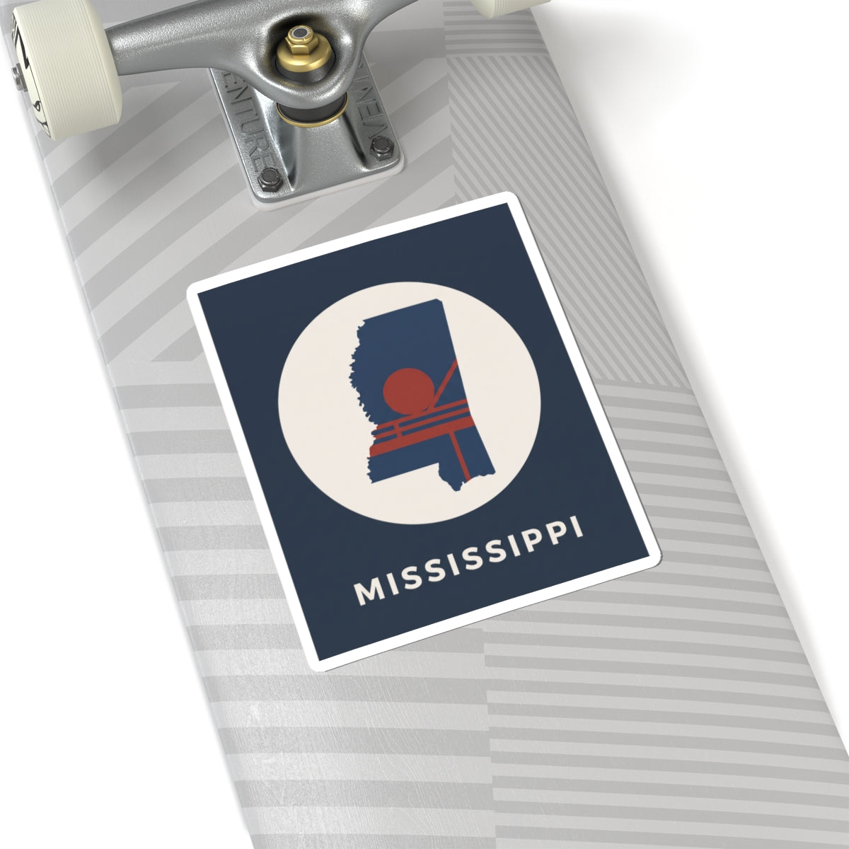 Square navy sticker with Mississippi silhouette in white circle and retro red sun graphic