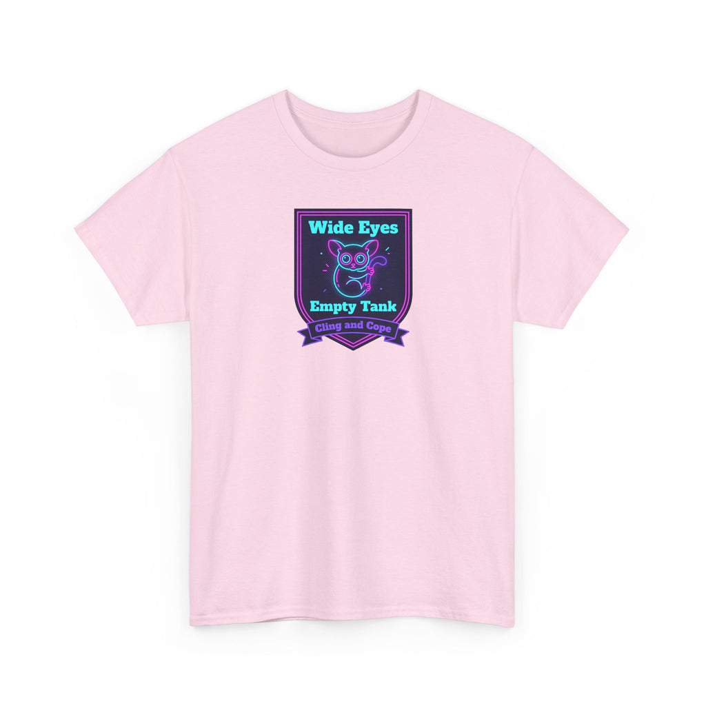 Light pink graphic crewneck T-shirt with “Wide Eyes Empty Tank” text badge on front
