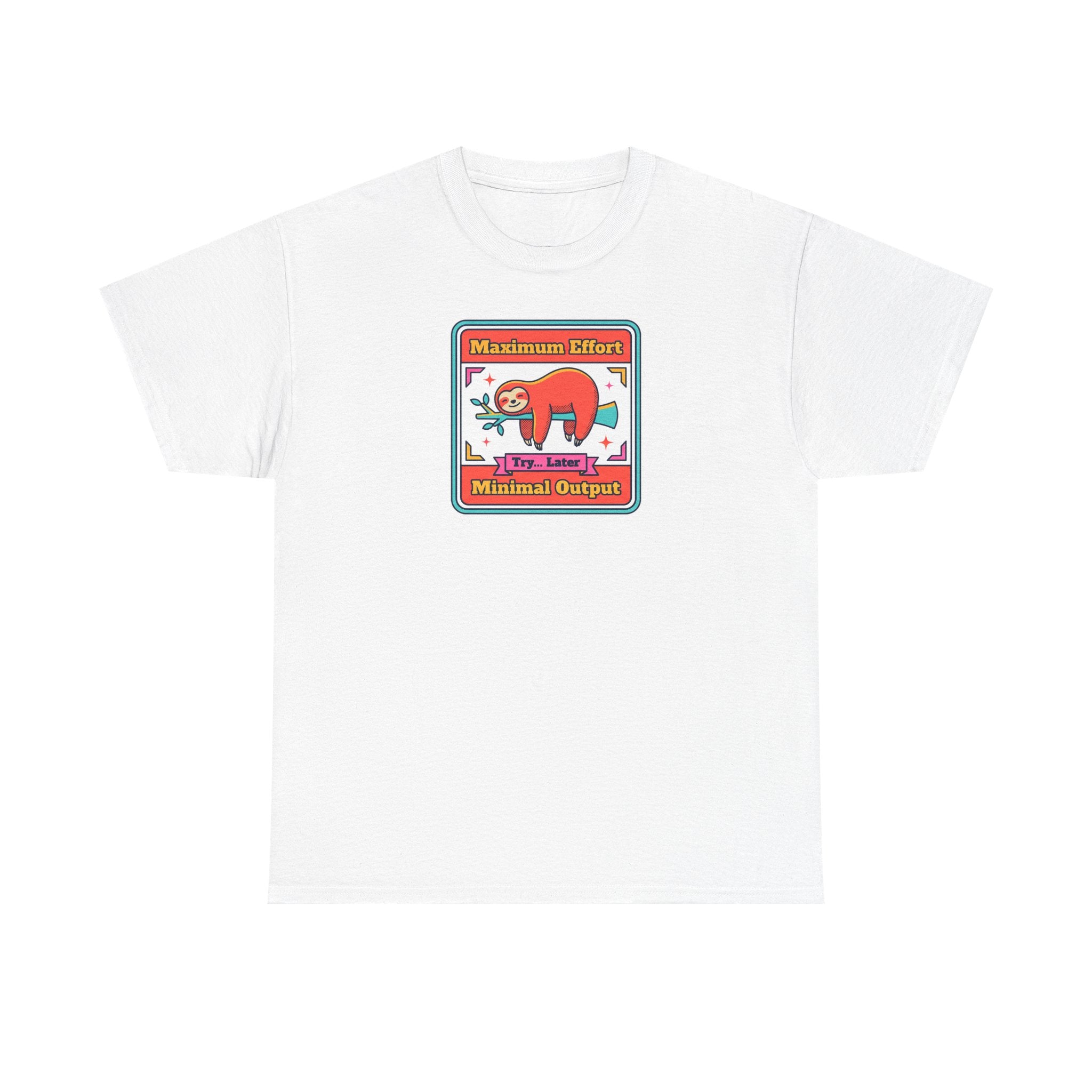 White short-sleeve T-shirt with colorful sloth graphic chest print