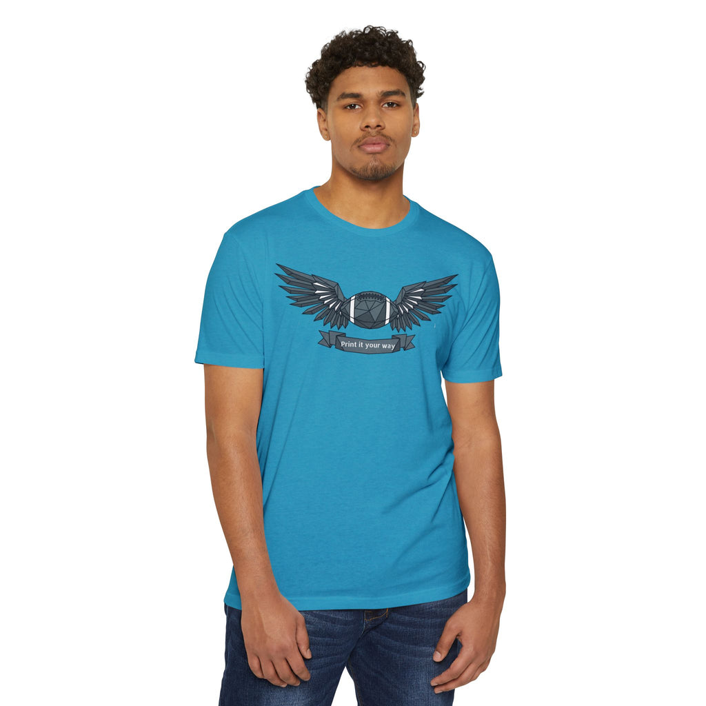 Blue crewneck T-shirt with winged camera emblem graphic on chest