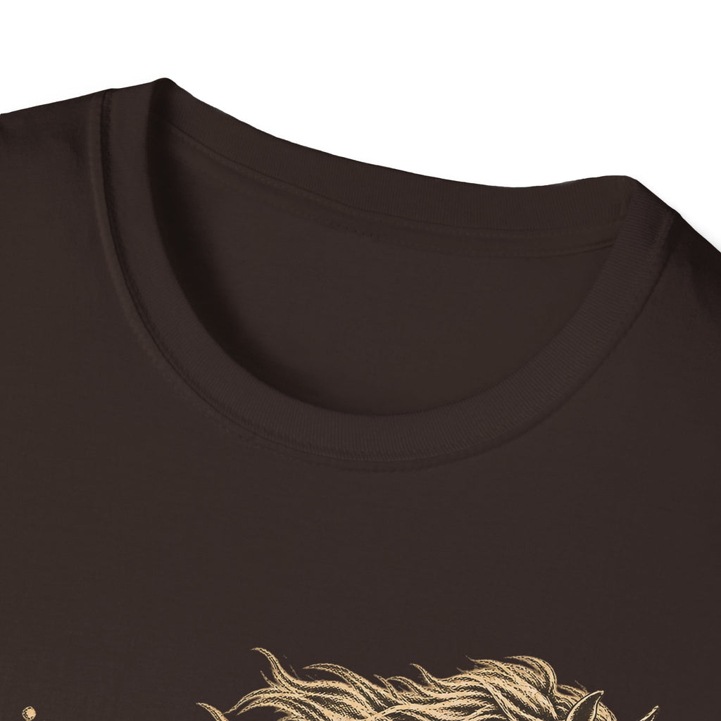 Dark brown crewneck T-shirt neckline, with partial horse graphic near the bottom
