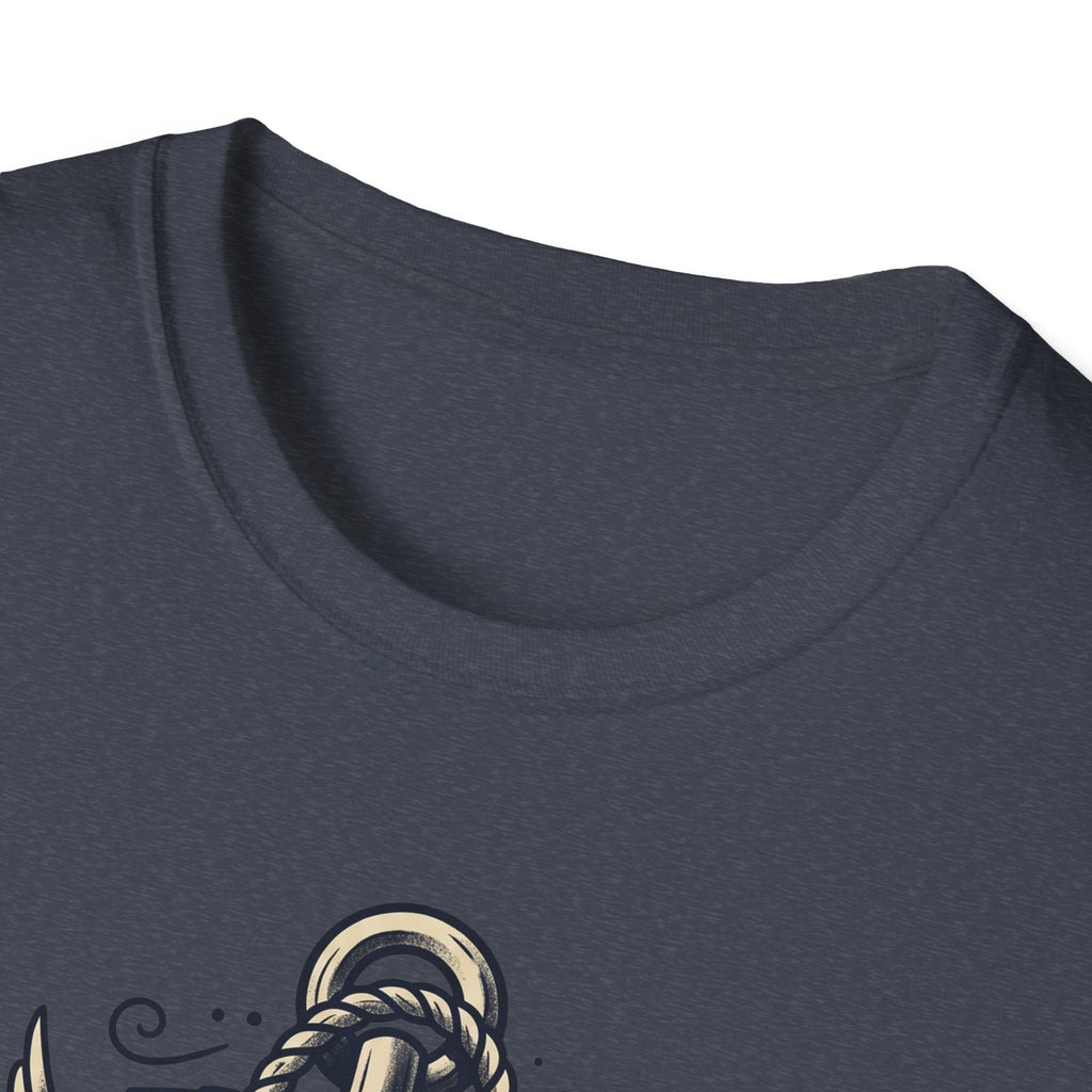 Dark heather T-shirt neckline and partial maritime skull anchor design