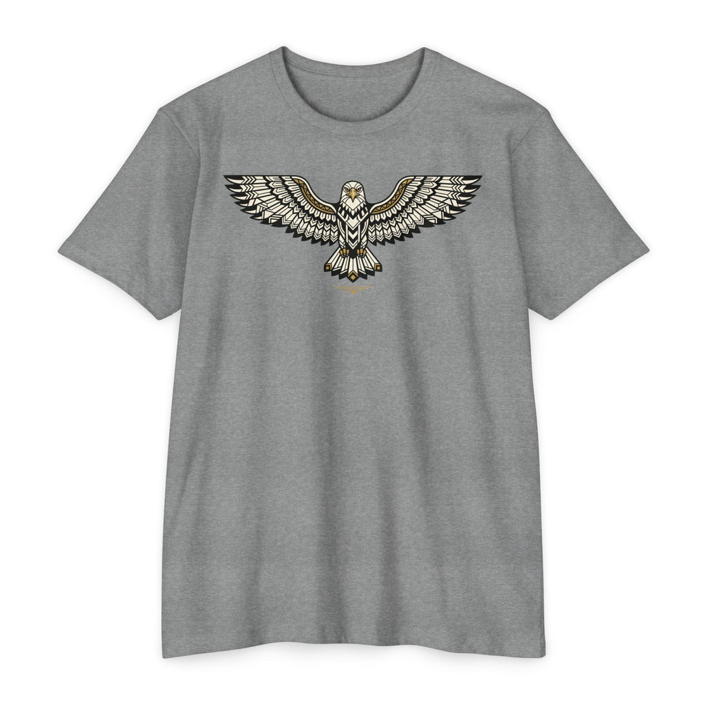 Heather gray T-shirt with centered owl wing illustration graphic across the chest