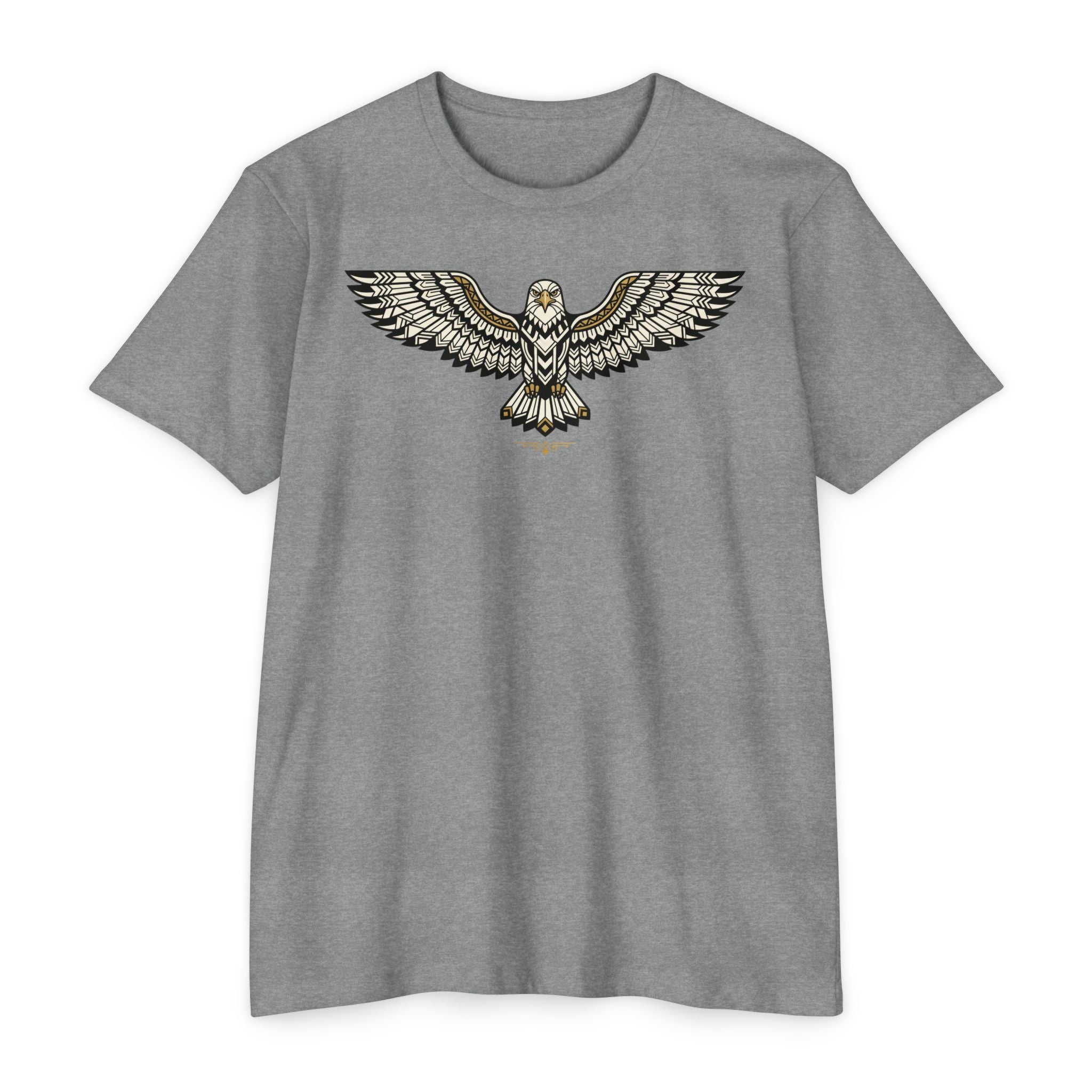 Heather gray T-shirt with centered owl wing illustration graphic across the chest