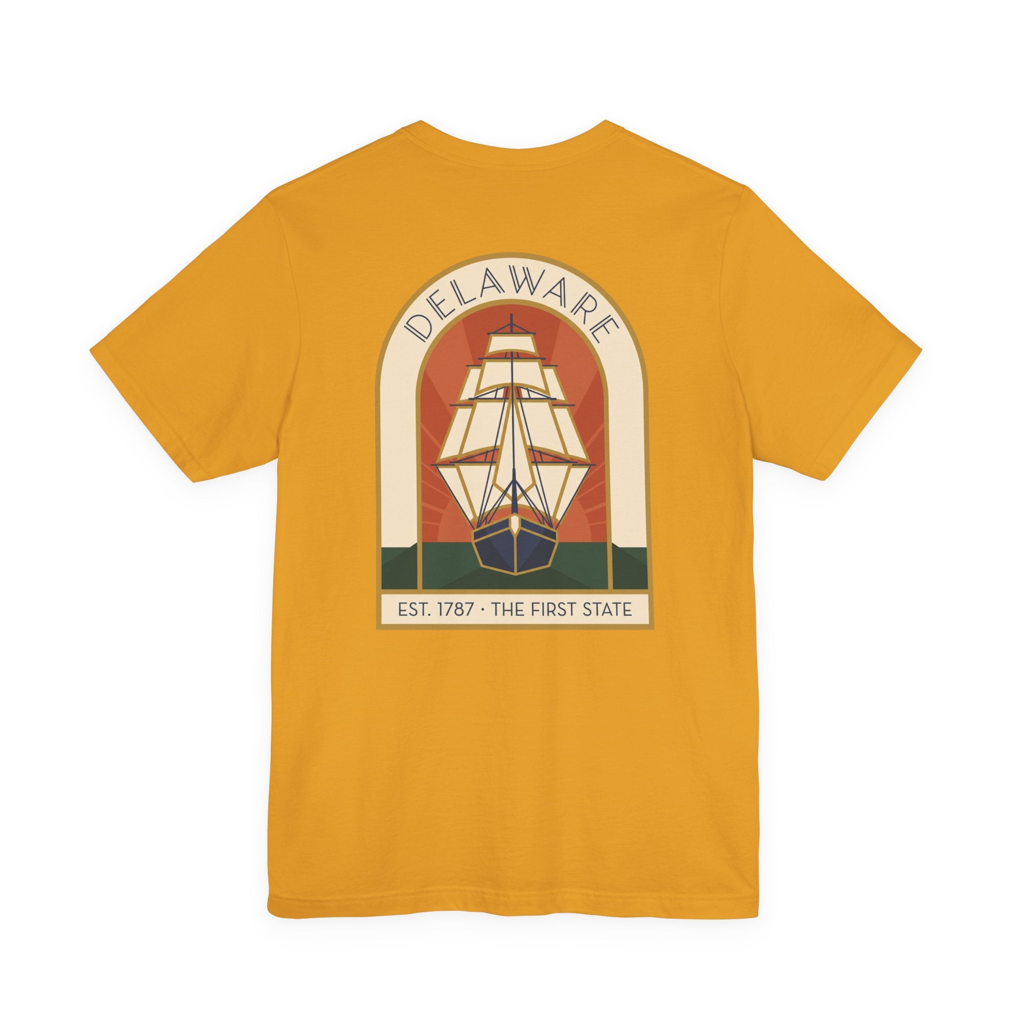 Marigold yellow Delaware tall ship T-shirt with circular vintage graphic and EST 1787