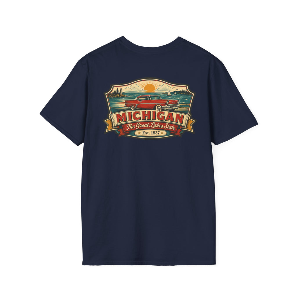 Navy T-shirt with Michigan emblem and red car graphic on front