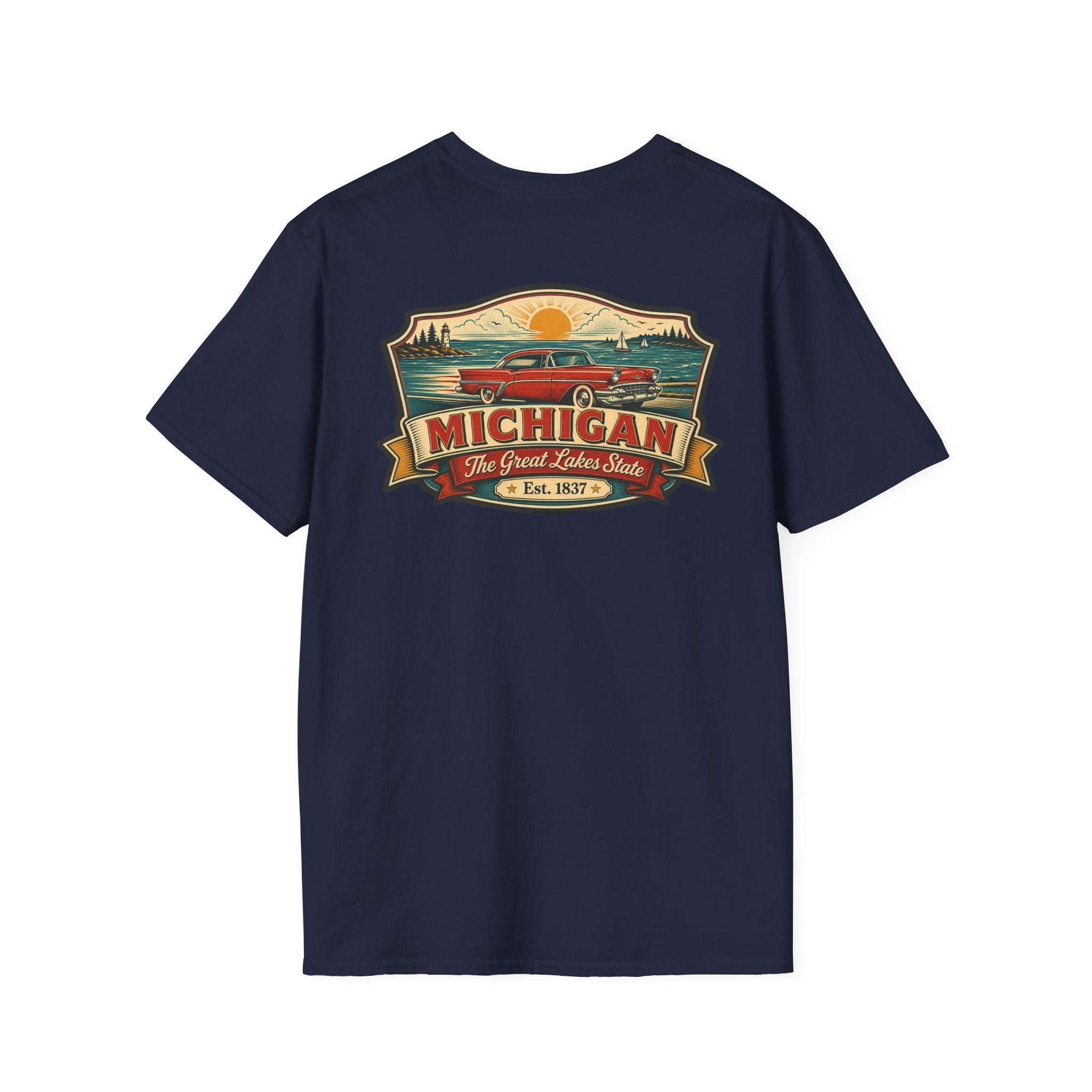 Navy T-shirt with Michigan emblem and red car graphic on front