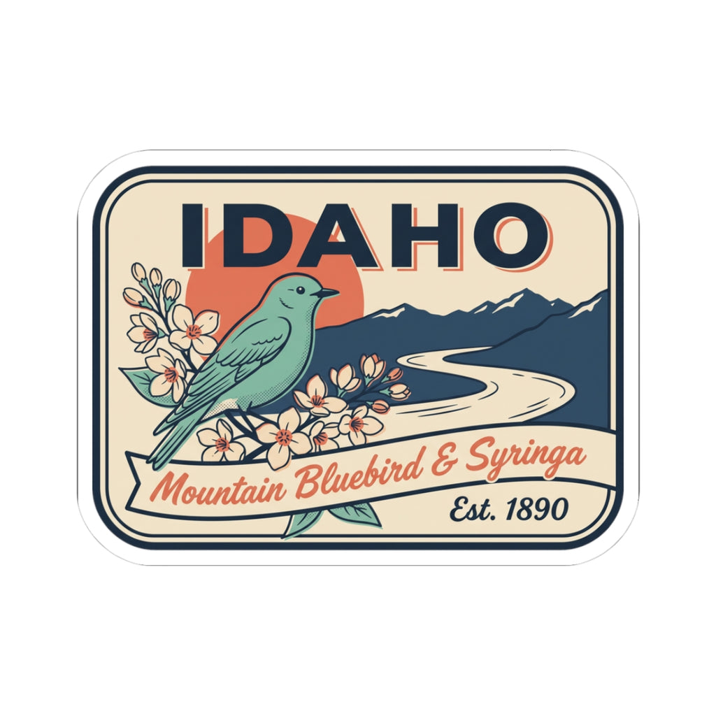 Rounded vinyl sticker: IDAHO with bluebird, flowers, mountains, Est. 1890