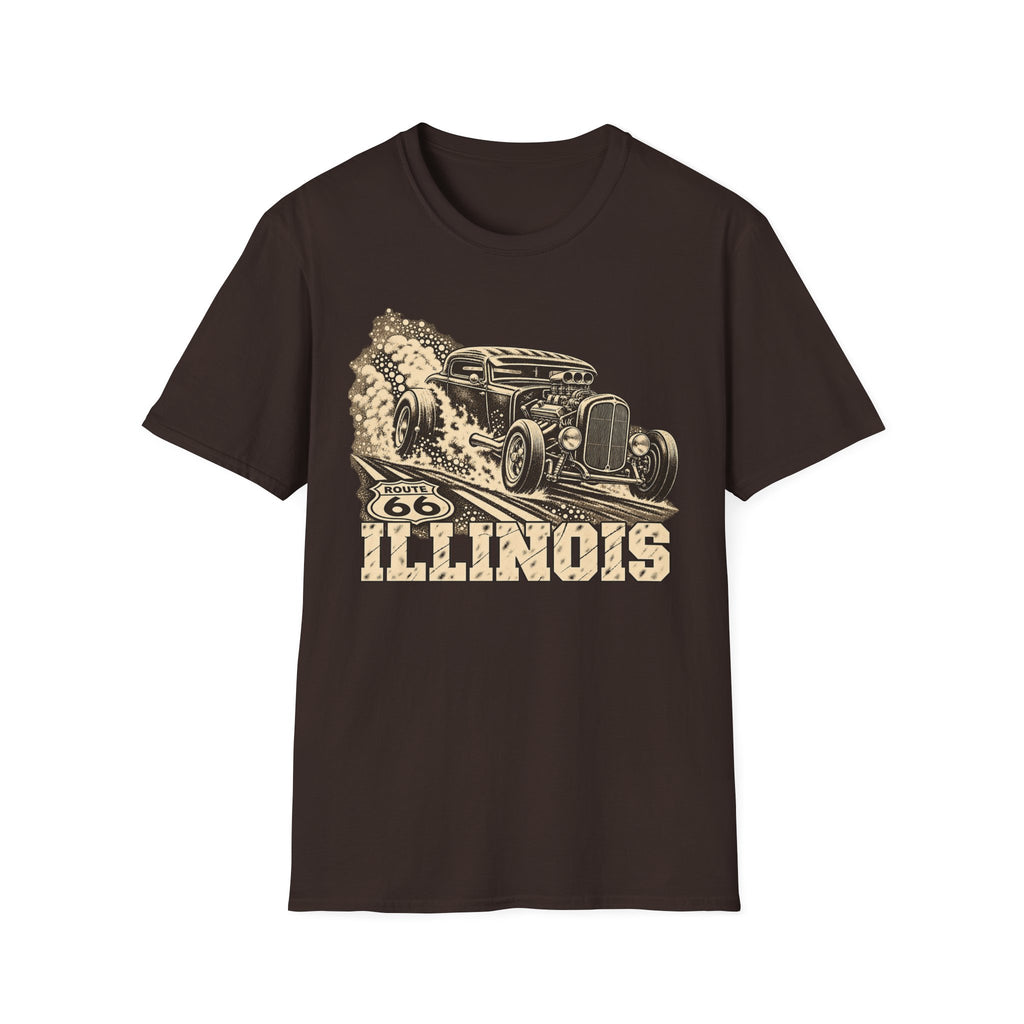 Dark chocolate hot rod T-shirt with vintage car and Illinois graphic print