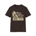 Dark chocolate hot rod T-shirt with vintage car and Illinois graphic print