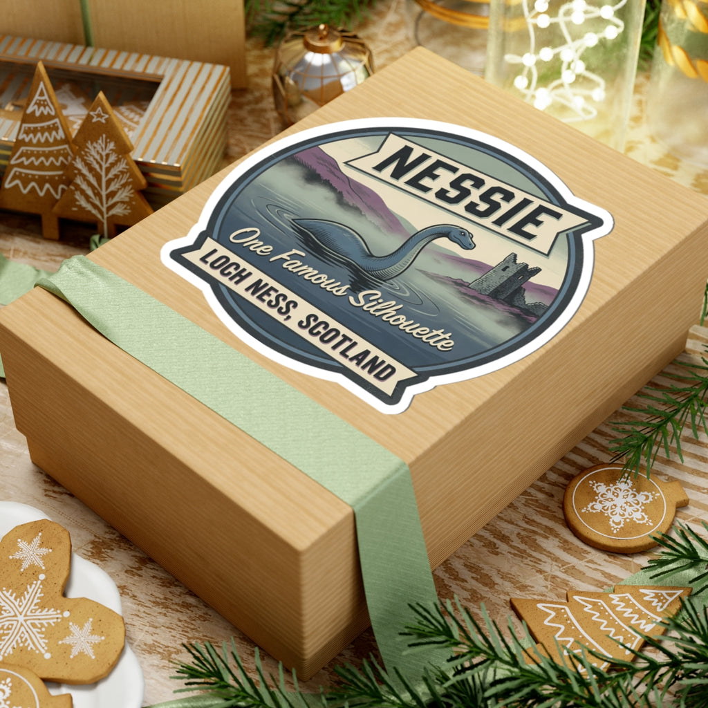 Nessie sticker badge on a gift box, featuring Nessie in the loch and “Loch Ness, Scotland”